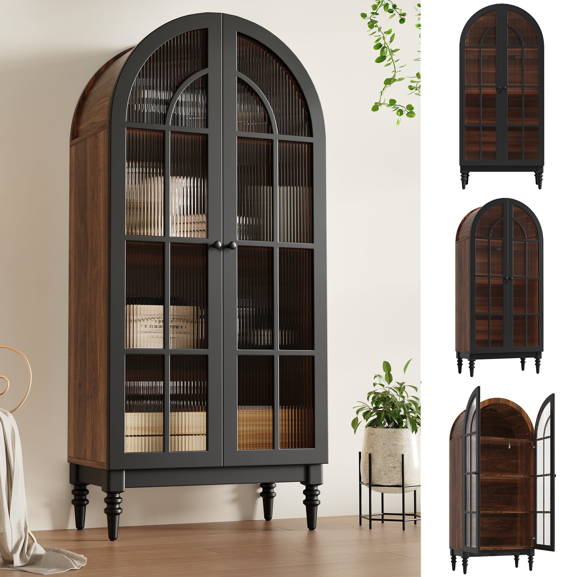 Tall Arched Storage Cabinet with Glass Doors and Wood Grain Finish
