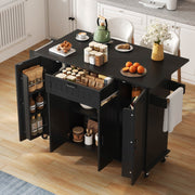 Mobile Kitchen Island with Folding Worktop and Storage Cabinet 4 Doors Black