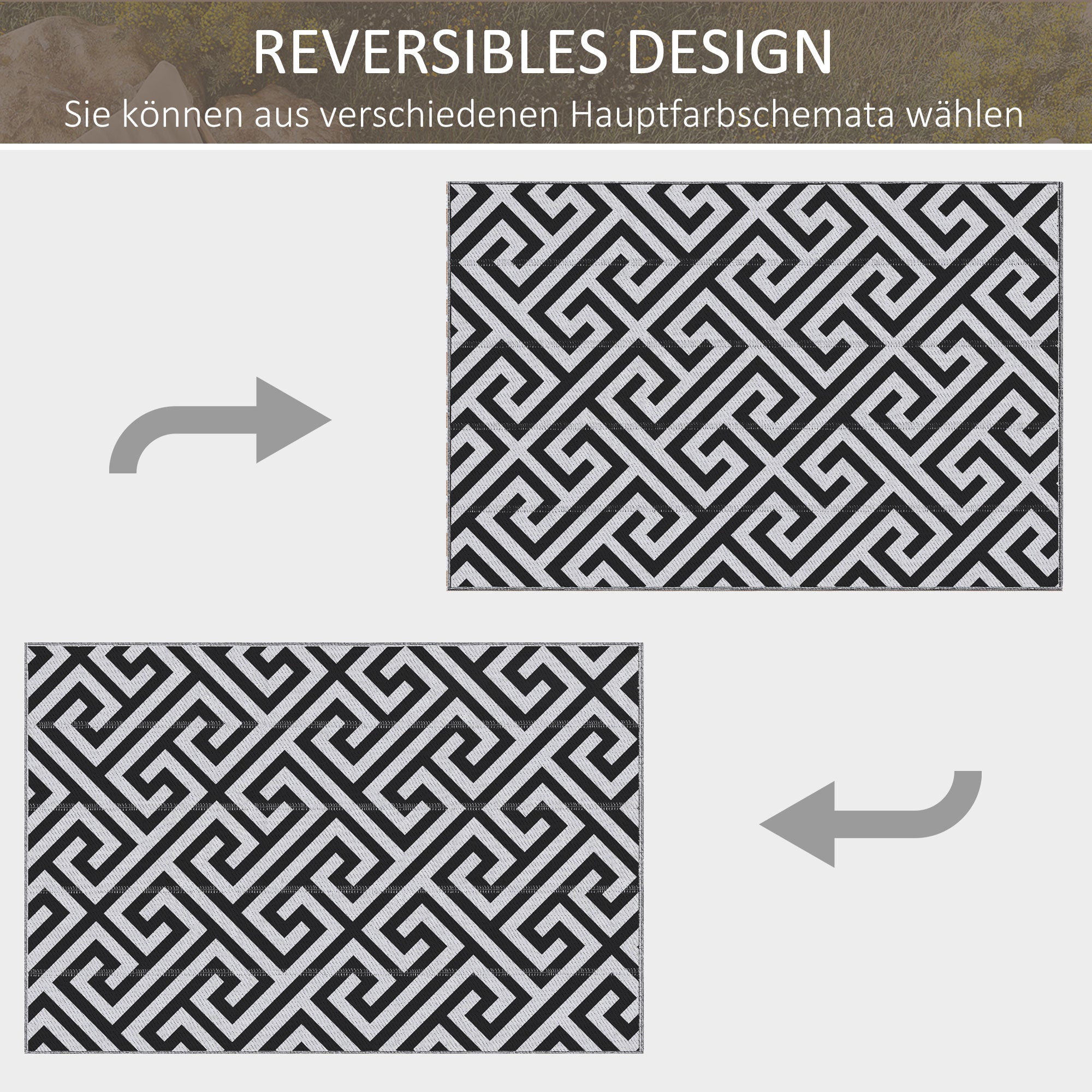 Outdoor Rug, Water-Repellent Double-Sided, Black and White