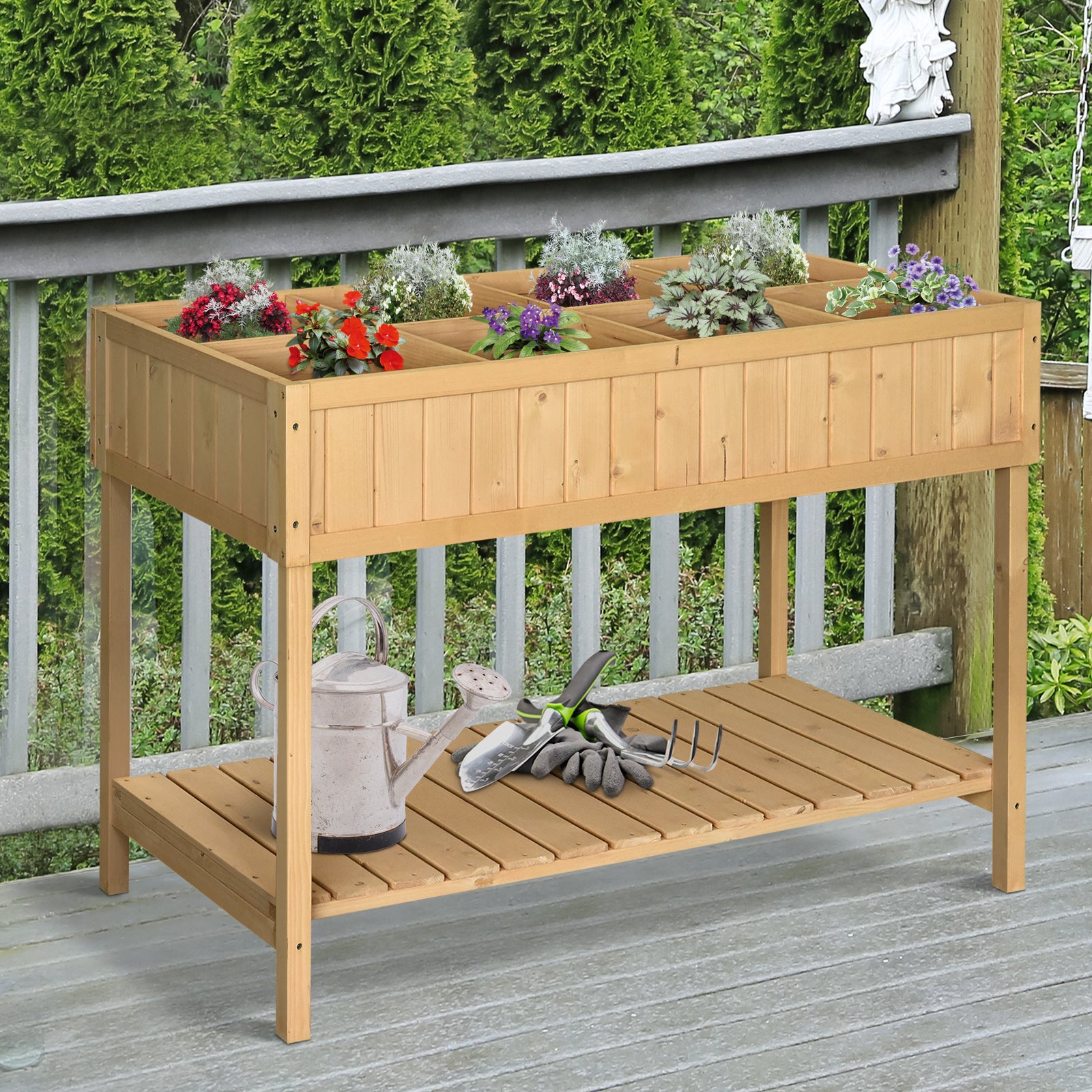Garden Planters, Rectangular 8 Compartment Plant Stand, Wooden Oak Tone