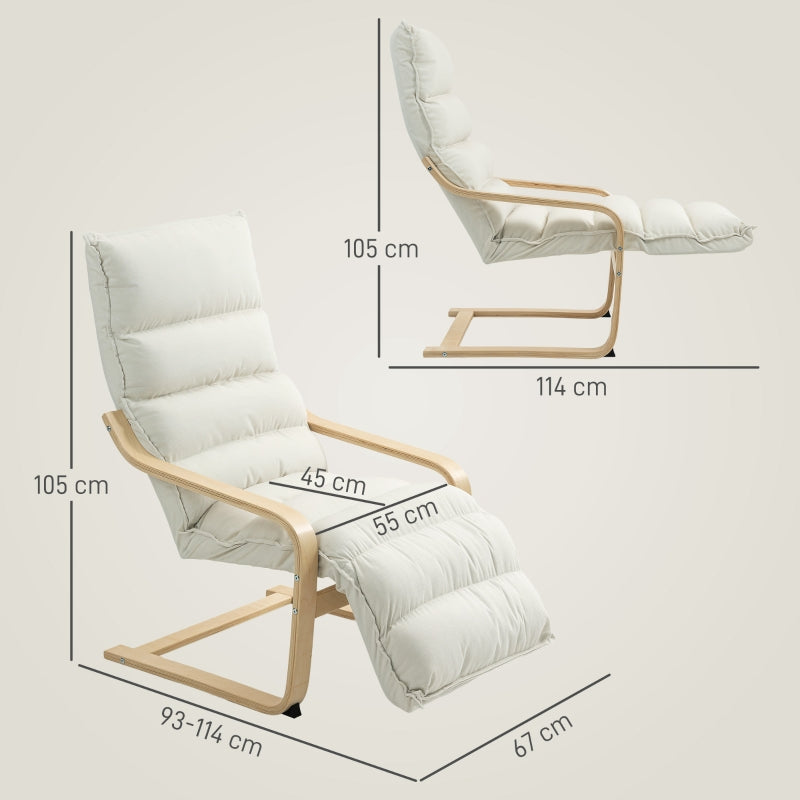 Curved Wooden Accent Chair with Adjustable Footrest, Cream White