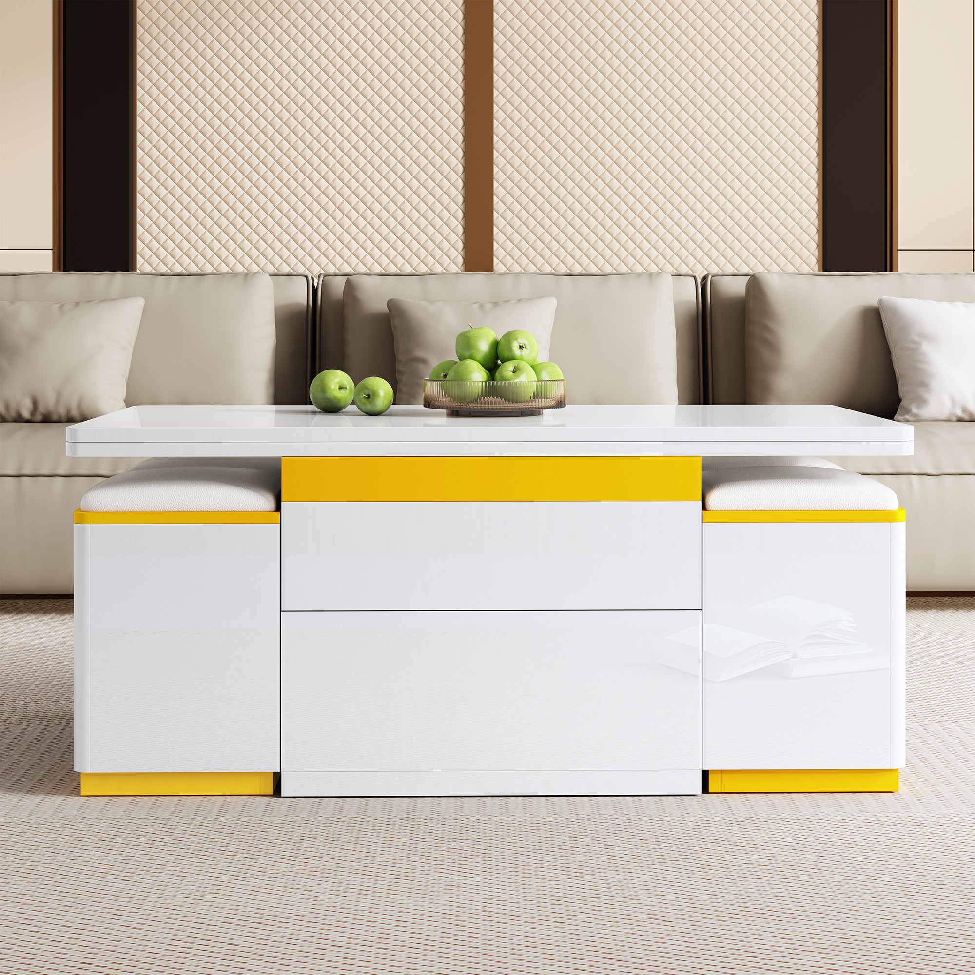 Coffee Table Multifunctional High-Gloss Adjustable Foldable Dining 100x50x43cm - White