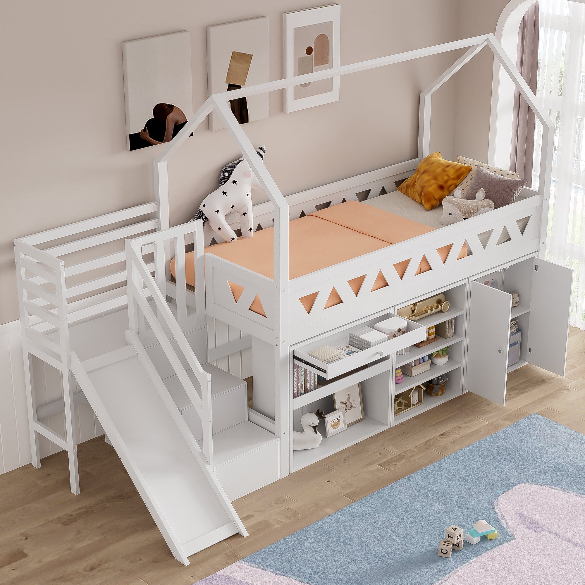 Children's Single Bed - Multifunctional Solid Wood Bed Frame with Slide, Stairs, Storage Drawers, and Magnetic Locker Door - White