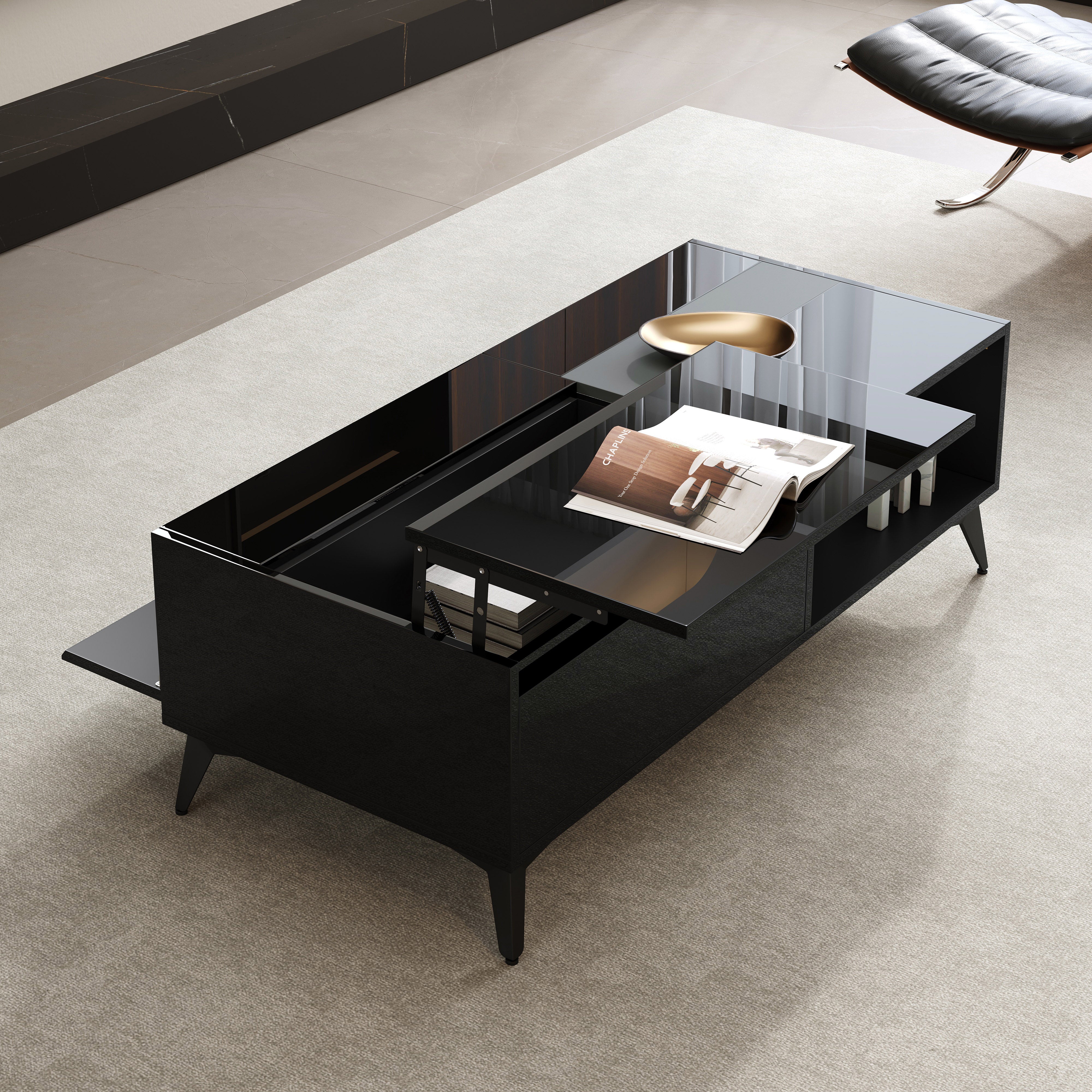 High-Gloss Coffee Table Height-Adjustable Folding Dining Table - Black