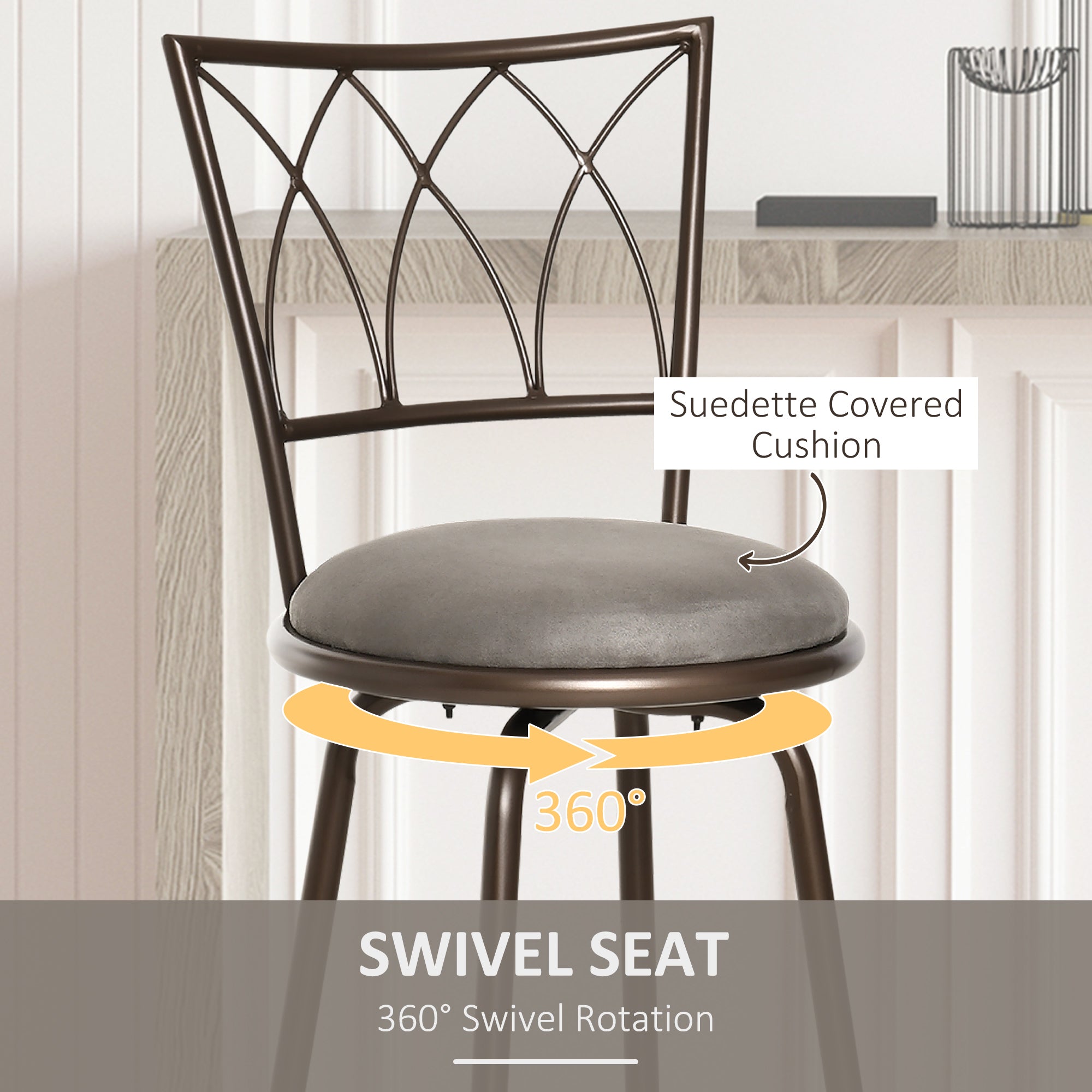 Set of 2 Bar Chairs Swivel Upholstered Metal Barstools, Bronze