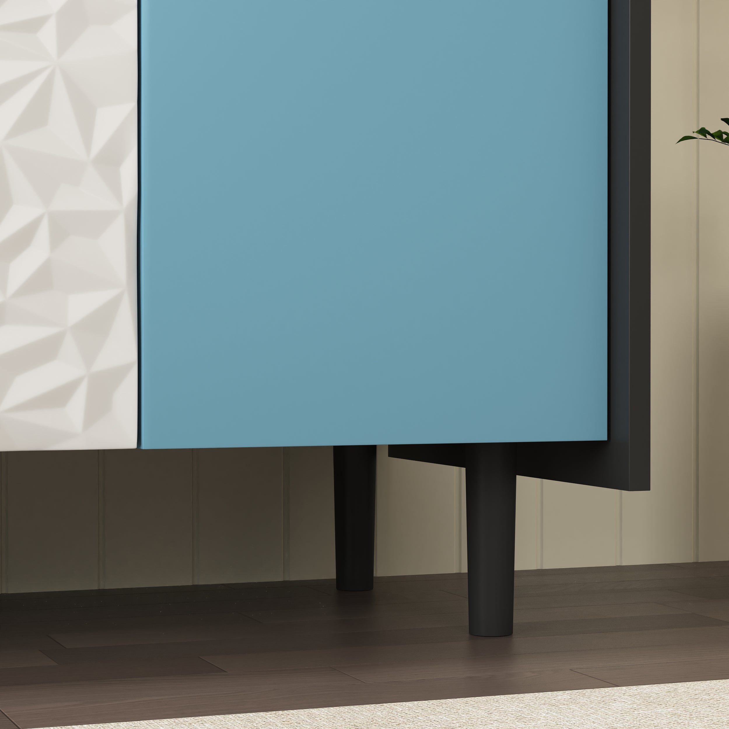 Sideboard Buffet Cabinet with Unique Panel Blue Doors, 2 Drawers Open Storage, Black