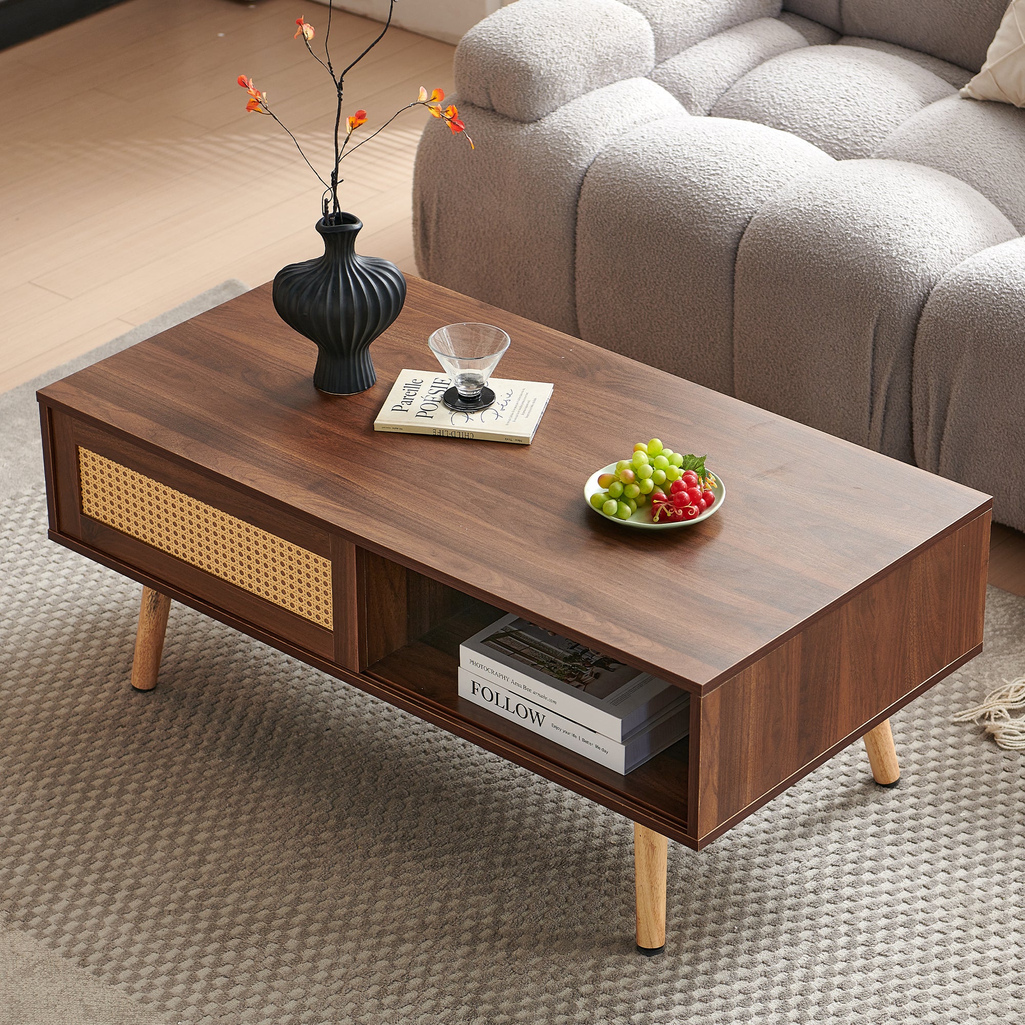 Wicker Coffee Table Sliding Doors Solid Wood Legs Dark Walnut Wood