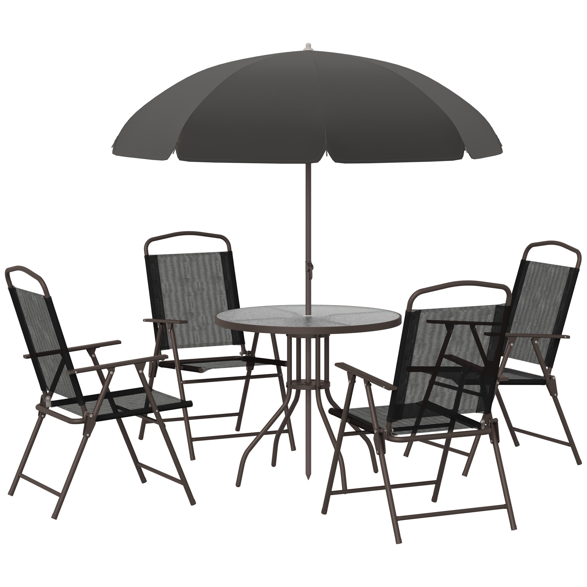 6 Piece Garden Dining Set with Umbrella, 4 Folding Chairs & Round Glass Table, Black