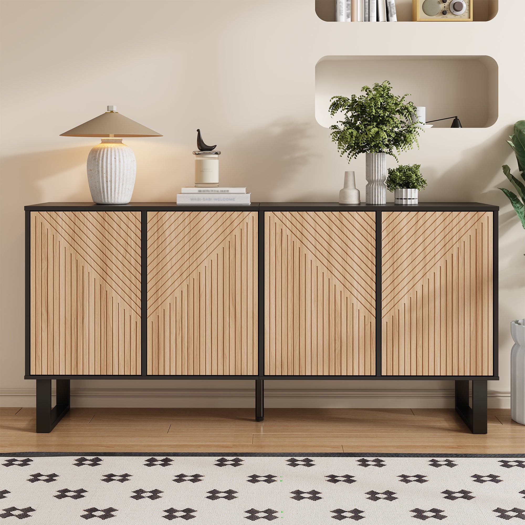 Sideboard, Minimalist with 3D Striped Front and Extra Large Storage, Black Wood Grain