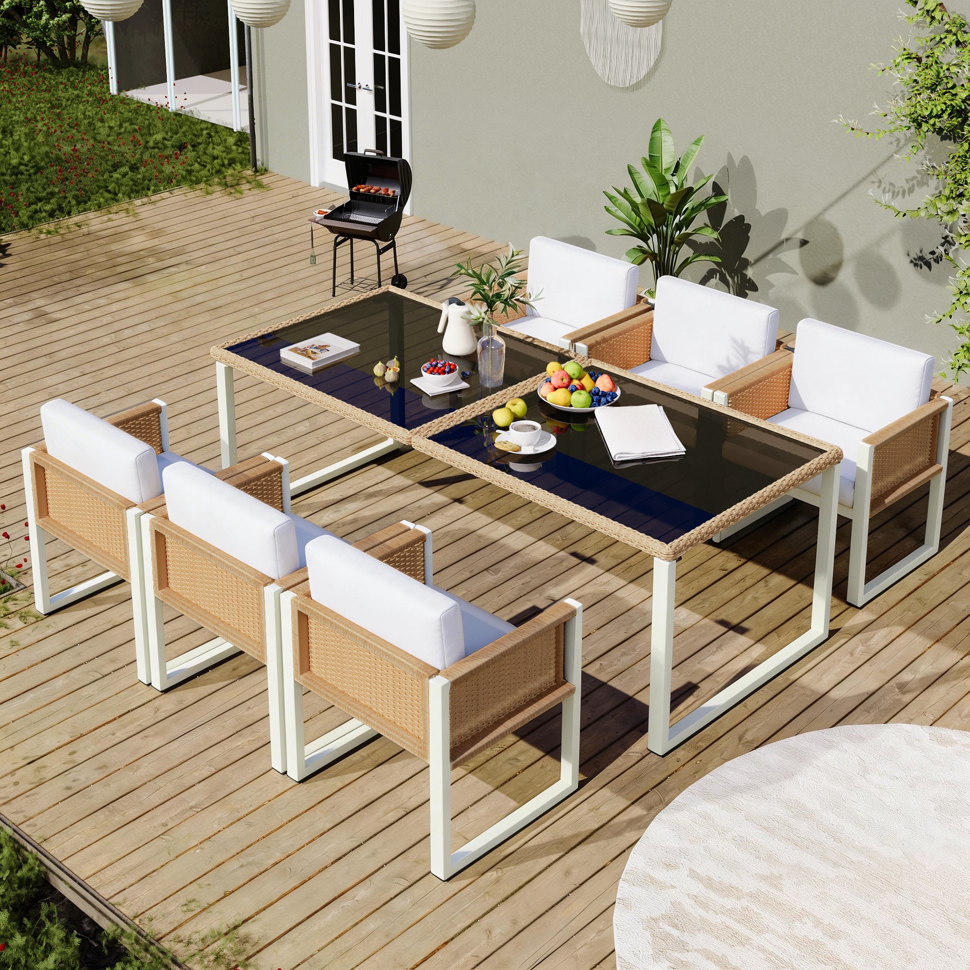 Garden Dining Set, 6-Person Table and Chairs with Washable Covers, Polyrattan