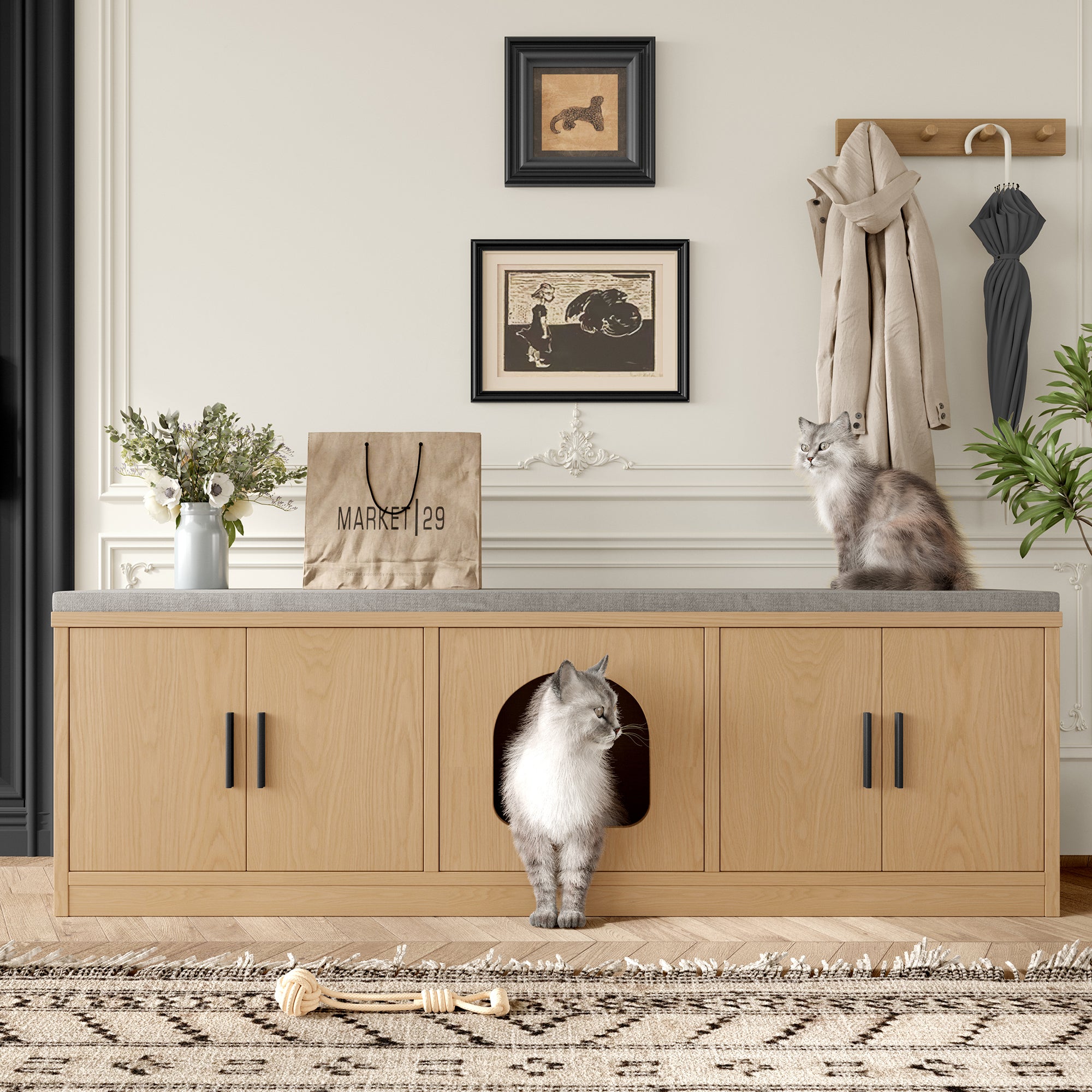Hidden Cat Cabinet, 140 x 40 x 45.5 cm with Integrated Scratching Post & Ventilation
