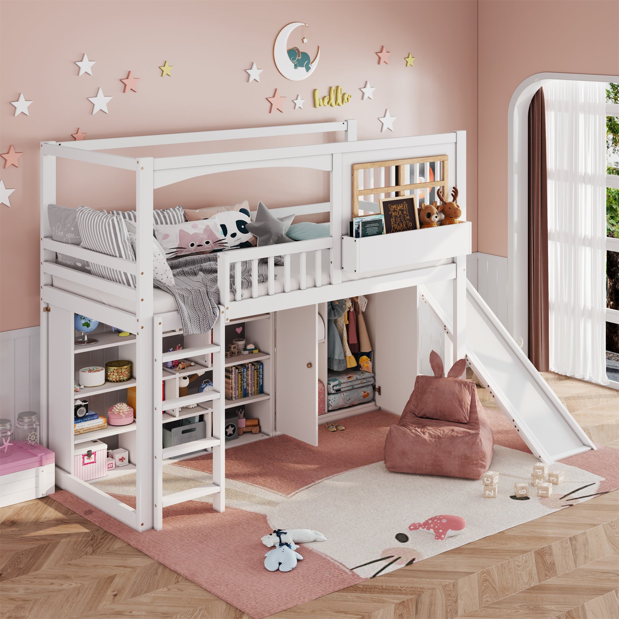 Bunk Bed Children's Slide Wardrobe Storage 90x200cm, Pine/White