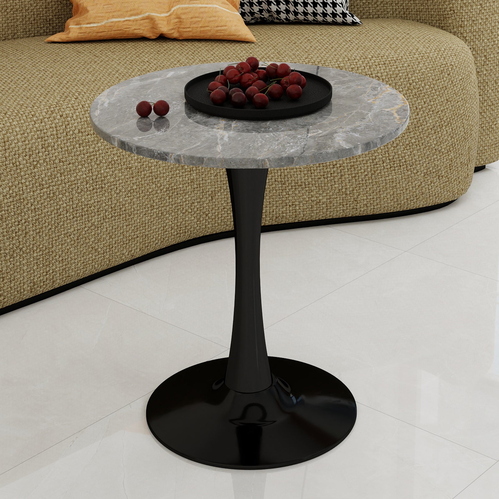 Coffee Table Mid-Century Modern 27.6" Round Marble - Black