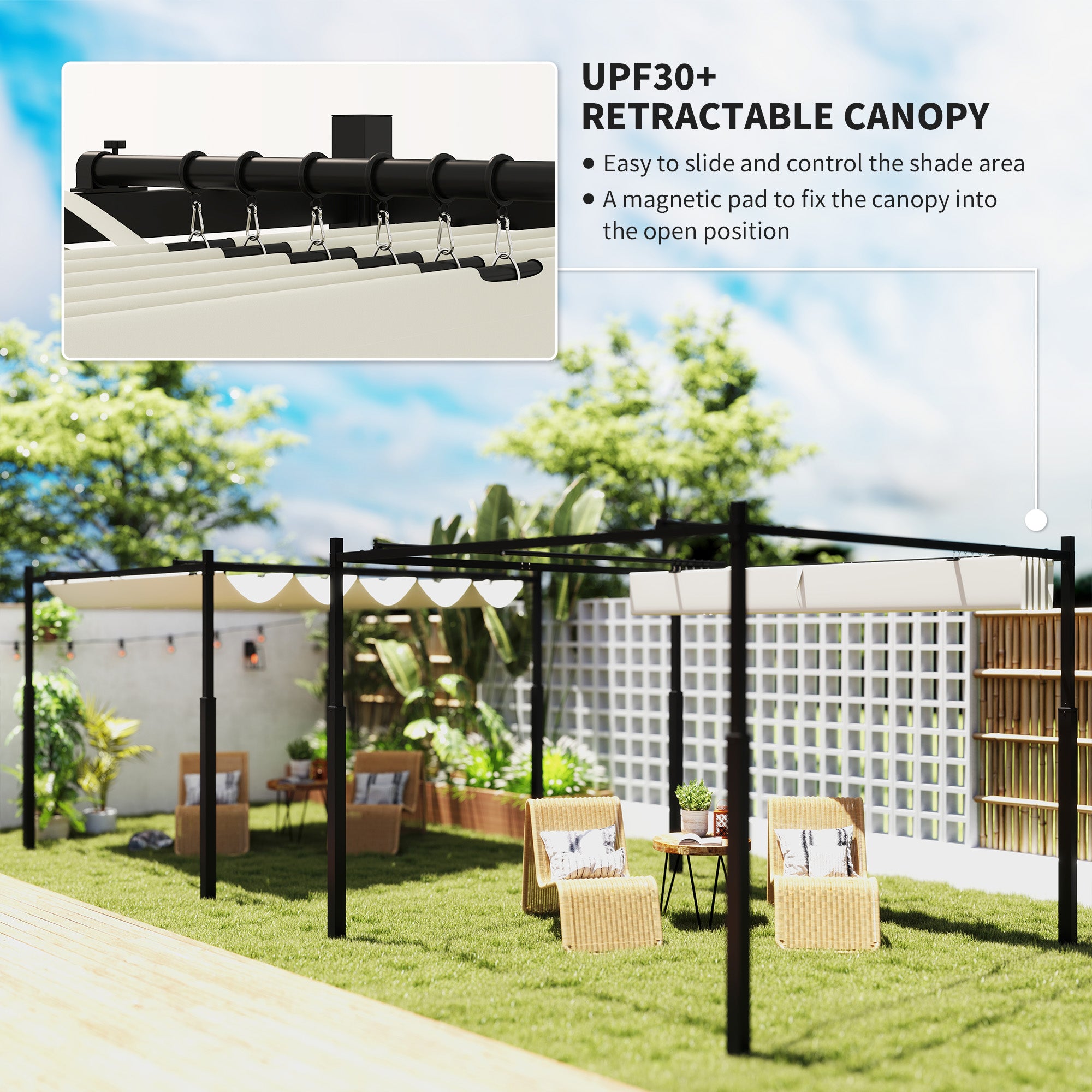 Metal Pergola with Retractable Roof, UPF30+, 80mm Column, Cream White