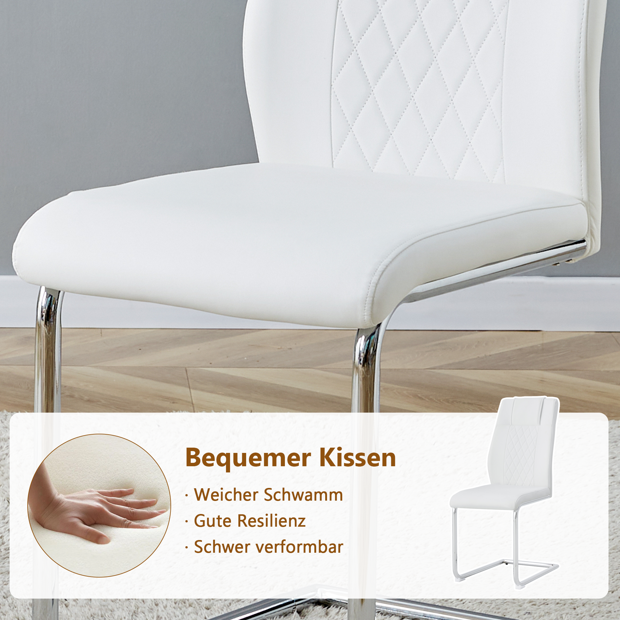 Dining Table Set, Modern Minimalist Glass Table & 4 Chairs, White PU