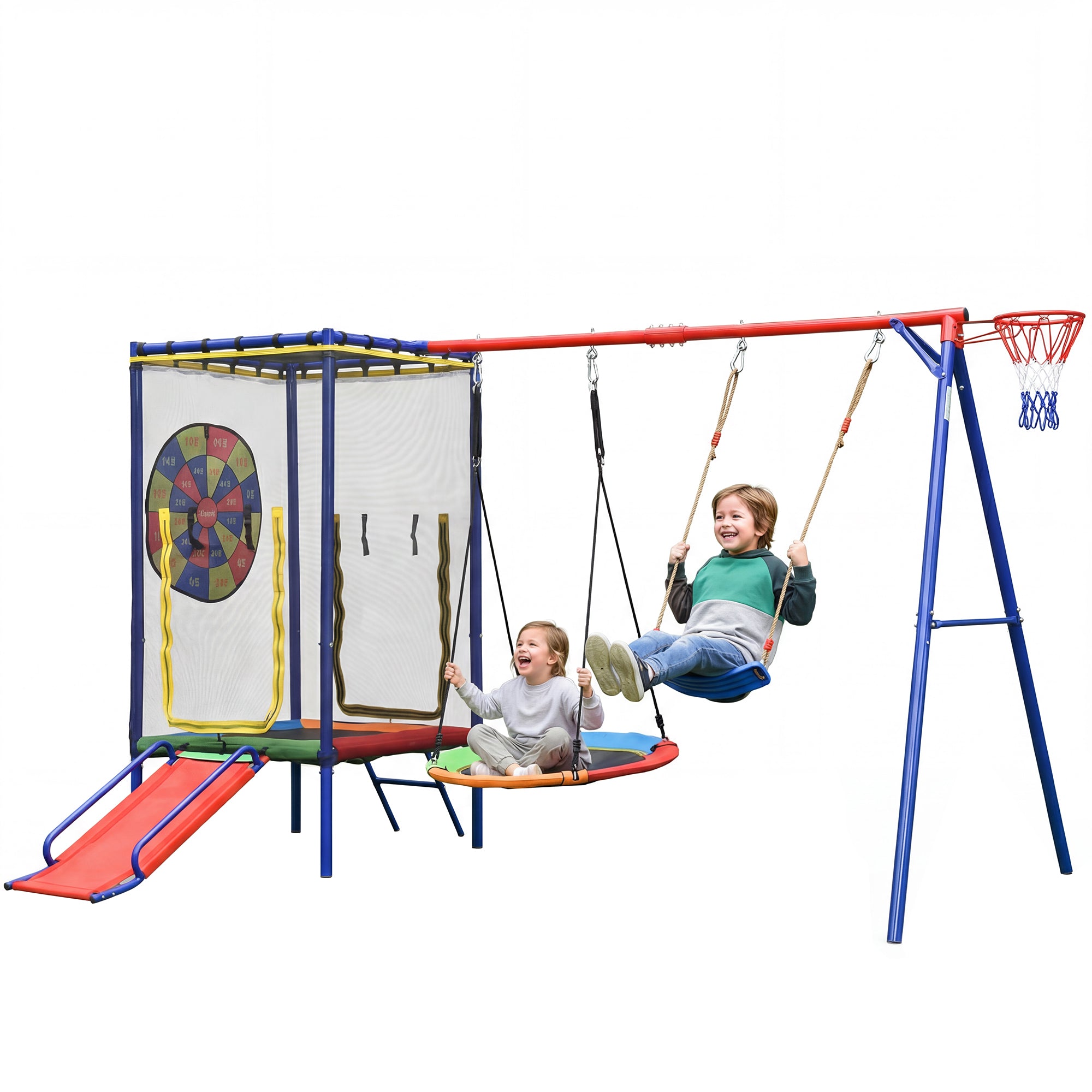 Multifunctional Outdoor Swing Set with Trampoline, Slide, Basketball Hoop and Nest Swing, Stable Steel Construction