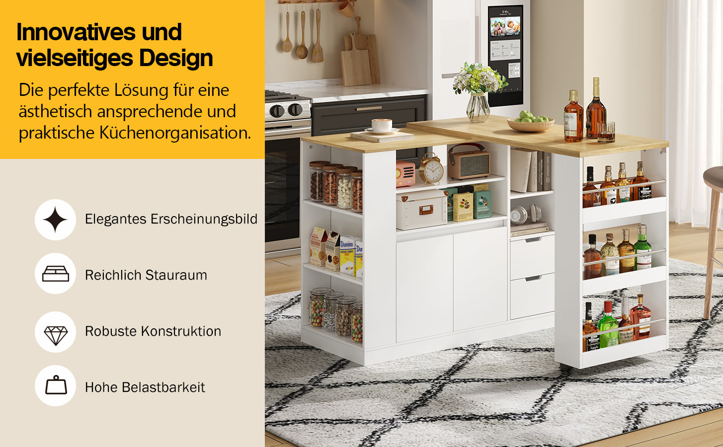 Kitchen Island with Extendable Worktop and Storage Shelves, Wood Look