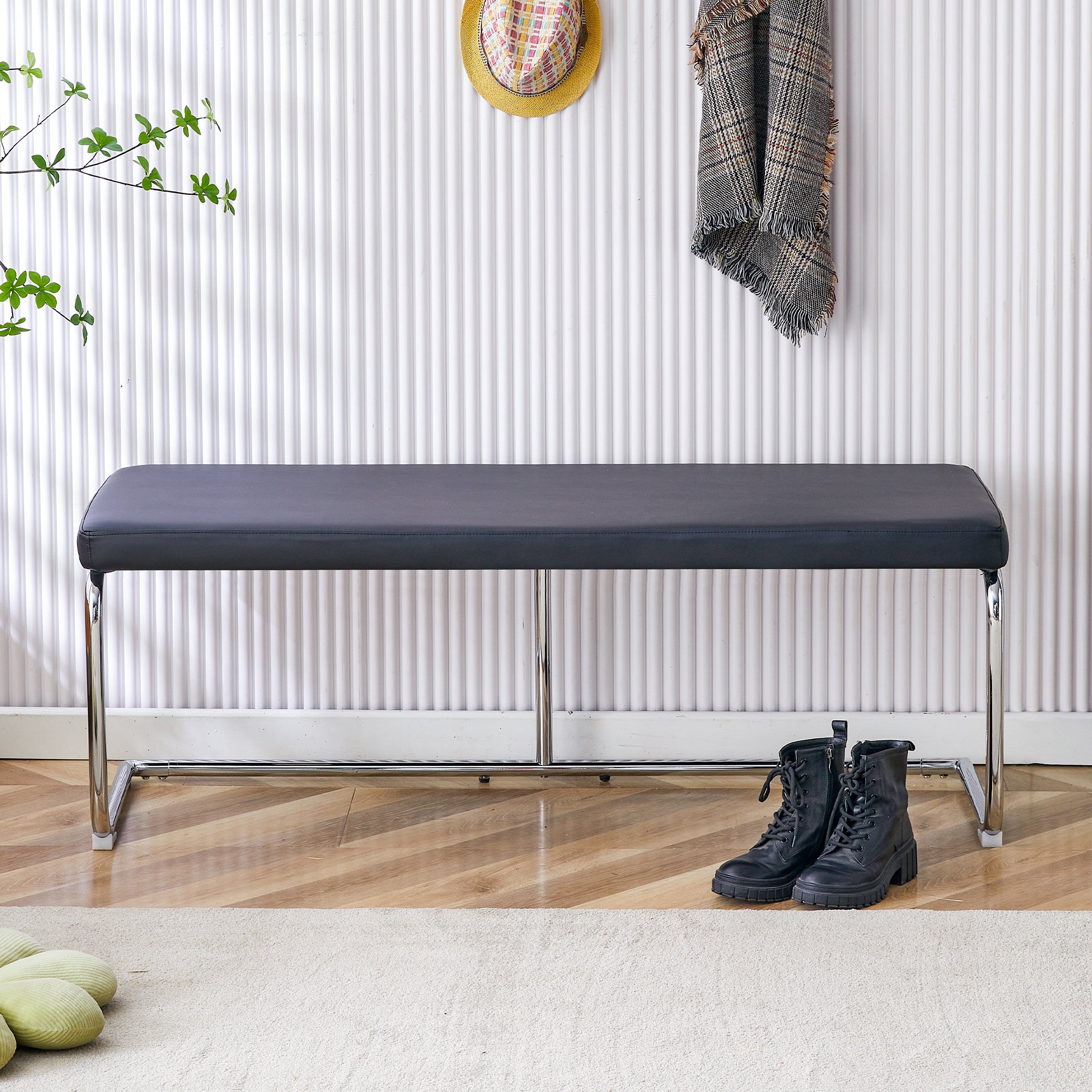 Bench 130cm Modern Dining Hallway Chrome Frame Leather Black