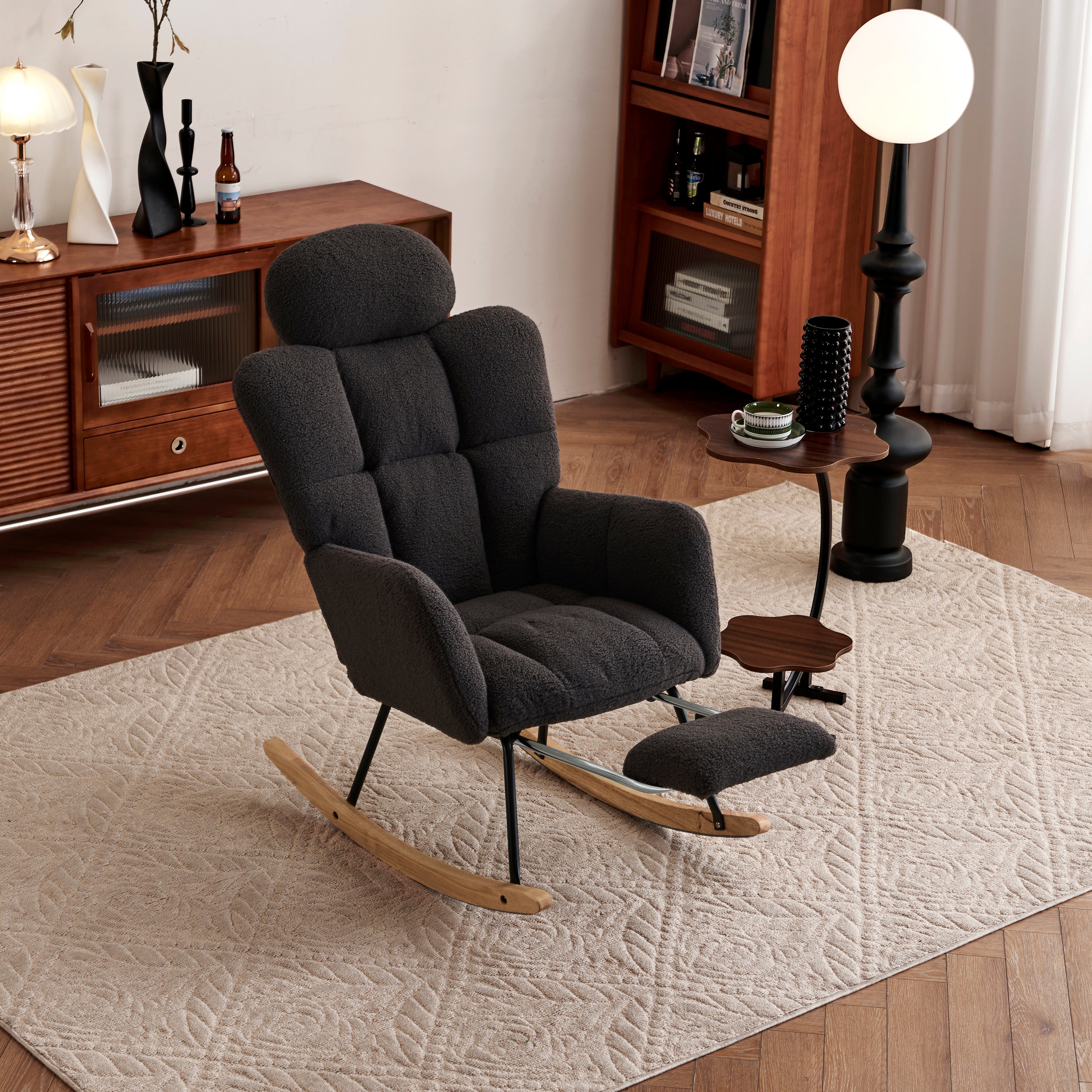 Teddy Rocking Chair Tufted Upholstered Padded Seat Headrest Foldable Footrest, Dark Grey