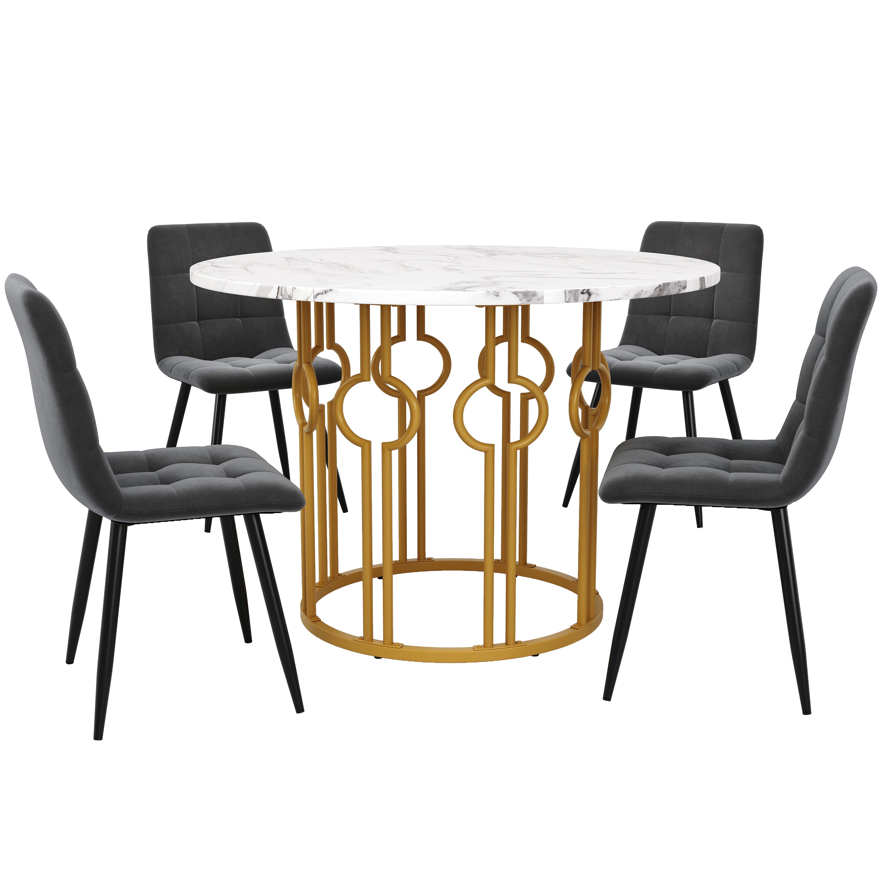 Dining Table Set, 5 Piece Round with 4 Chairs, Gold Legs, White MDF & Dark Grey Velvet
