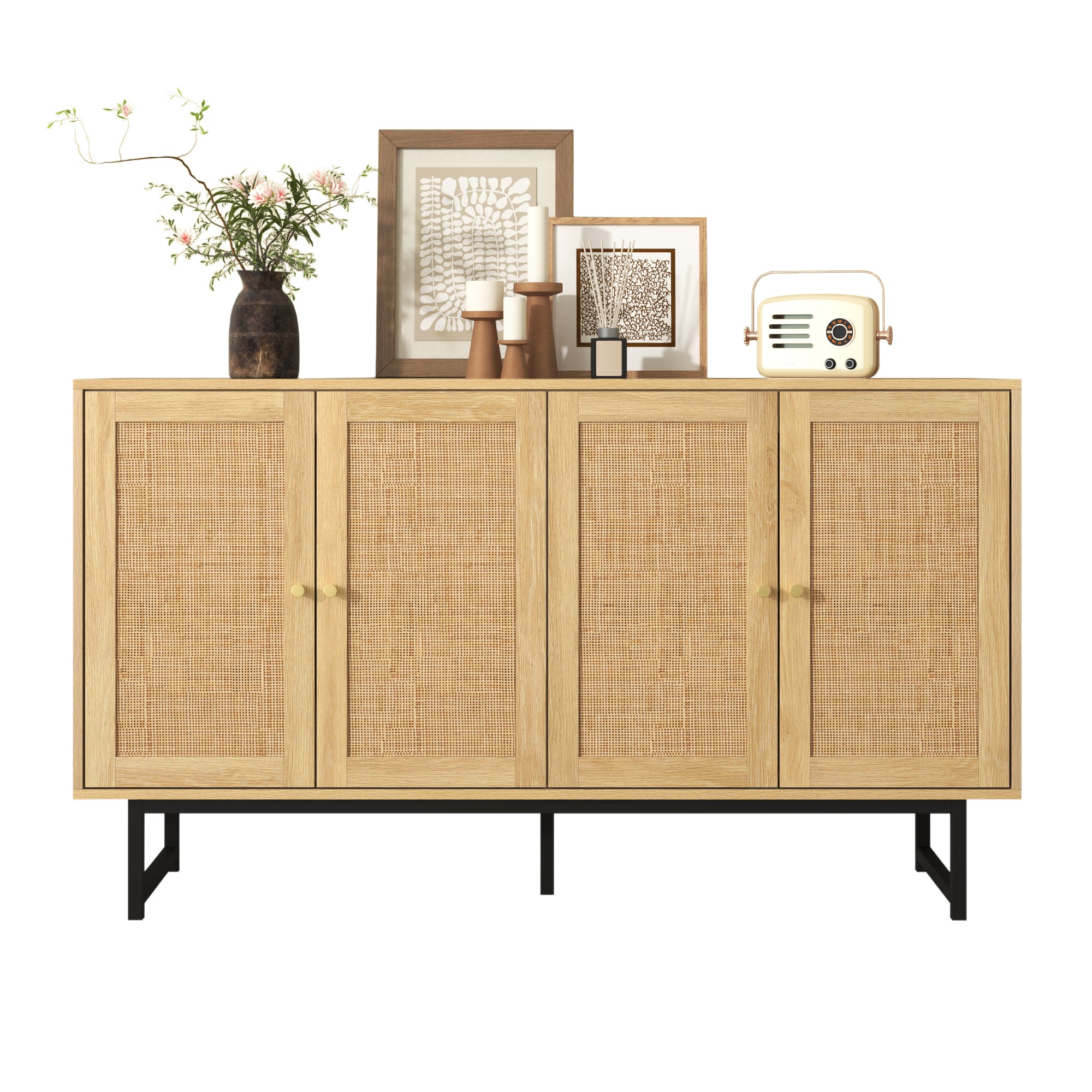 Sideboard with Real Rattan Weave, 4 Doors, 140x39.5x80 cm