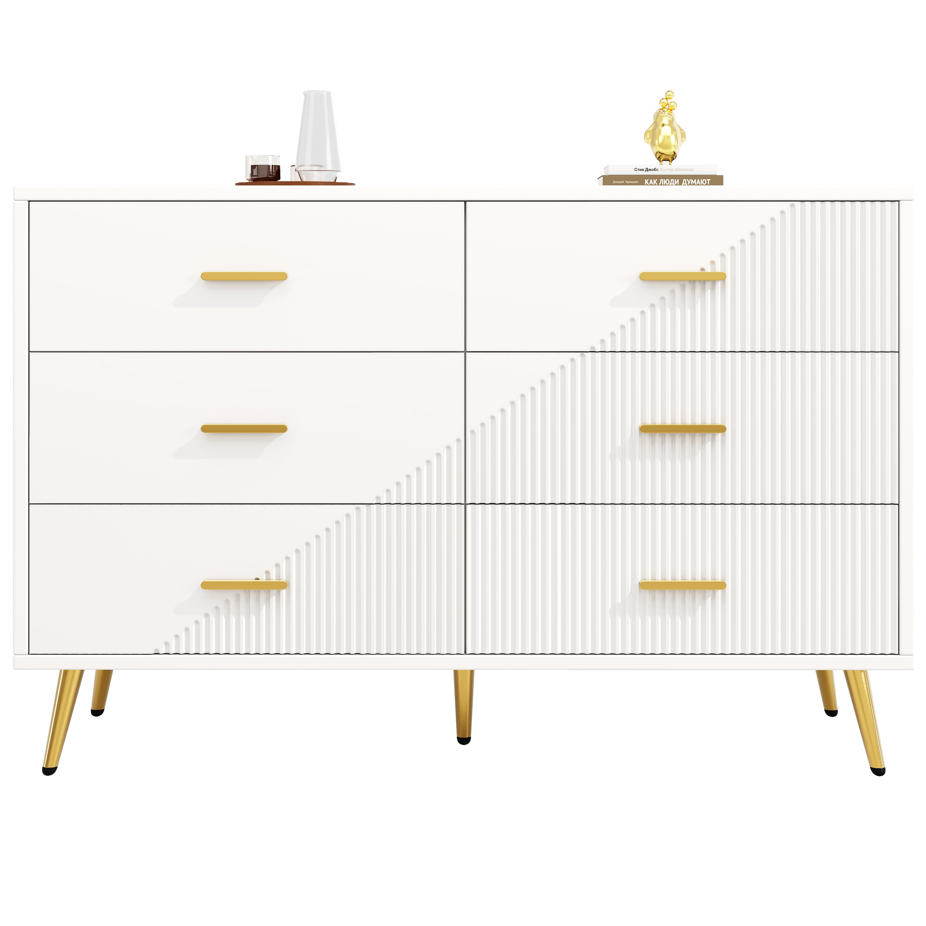 Chest of Drawers, 6-Drawer Cabinet with Golden Legs, White