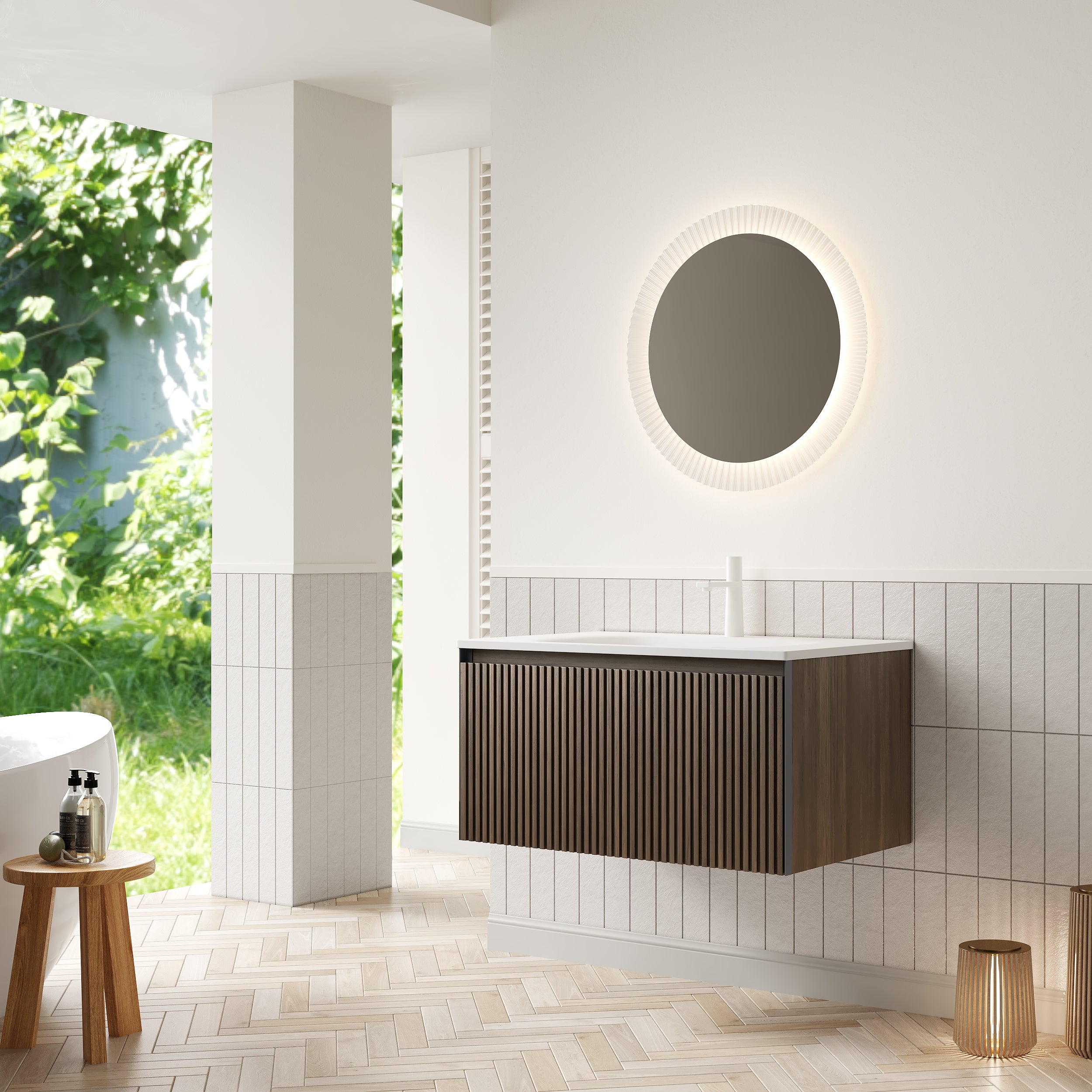 Bathroom Vanity Unit with Ceramic Sink and Drawer, 80cm Wall-Mounted Plywood, Brown Oak Finish
