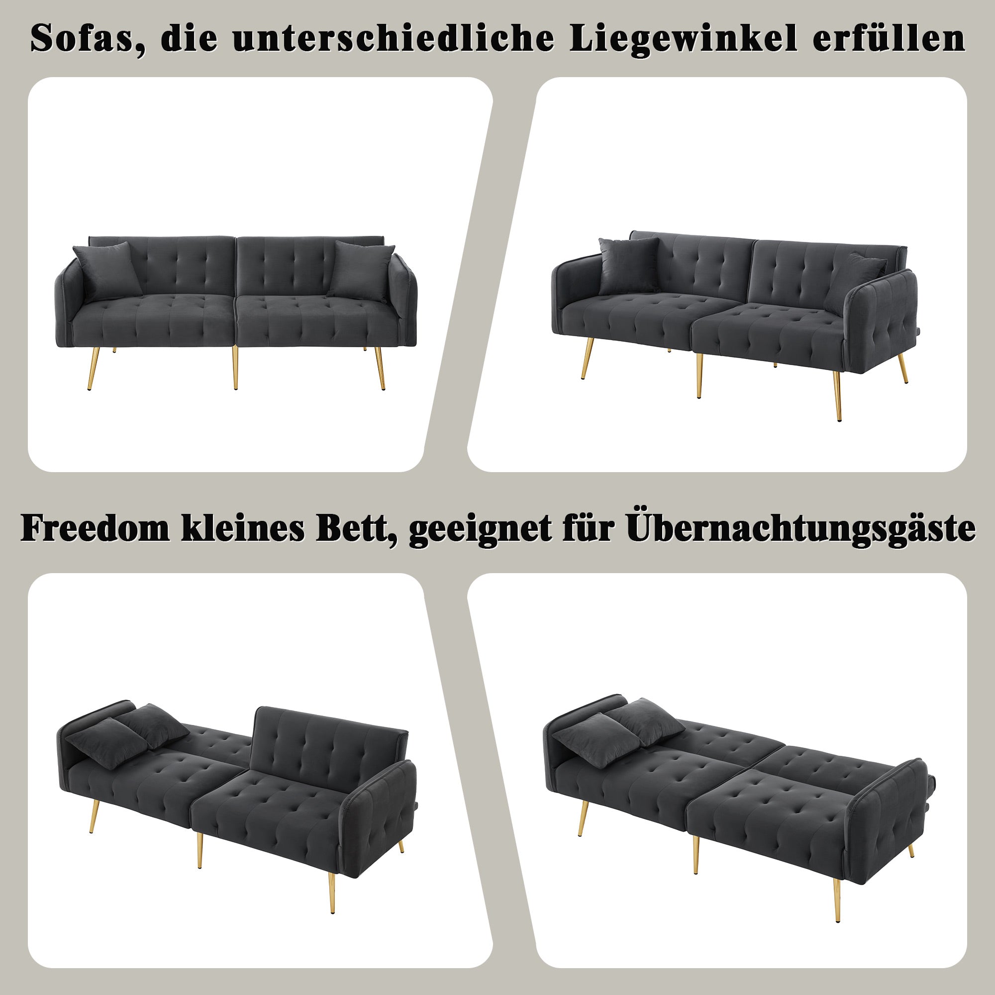 Sofa Bed, Two-Seater Multifunctional with Adjustable Backrest & Armrests, Velour