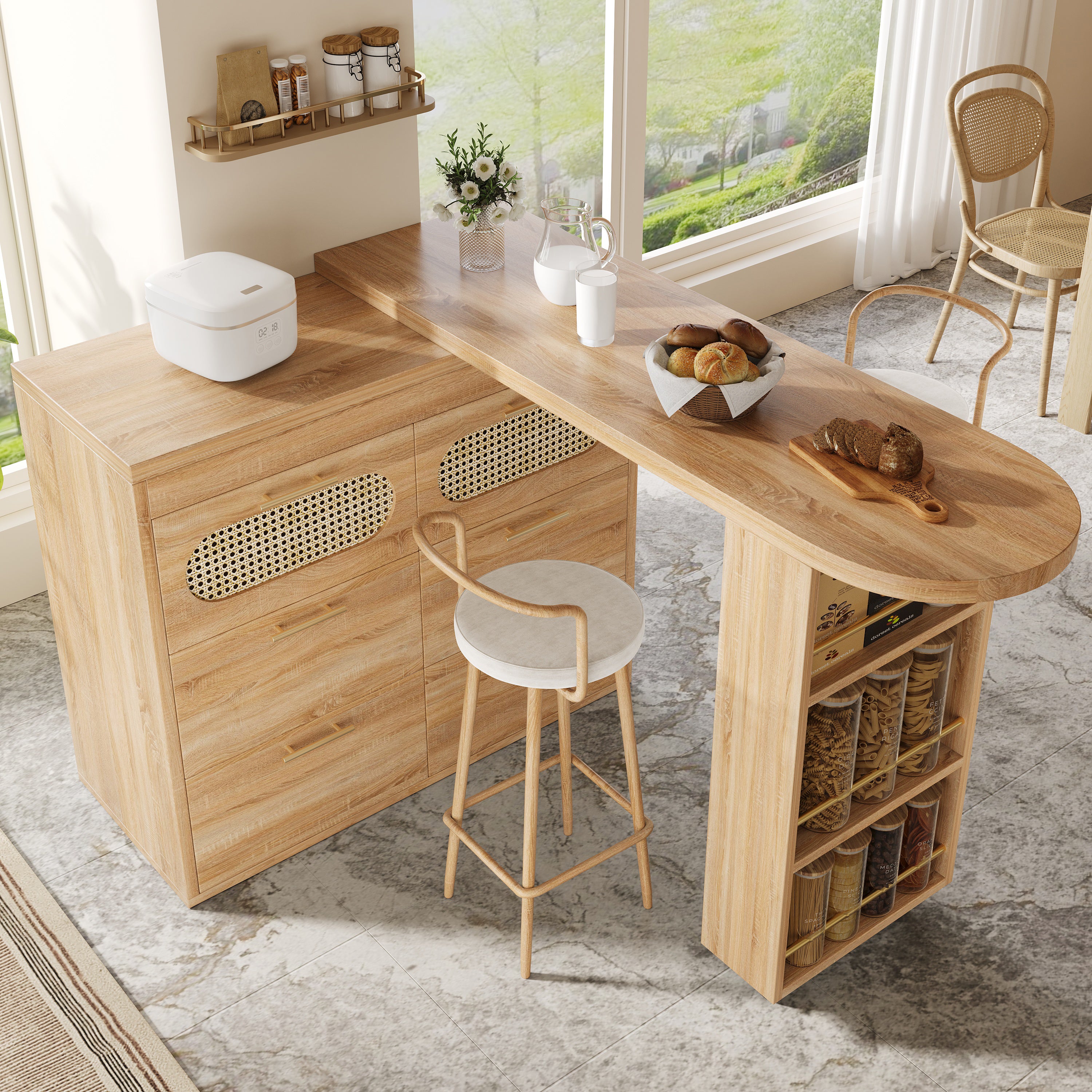 360° Rotating Bar Table with 6 Drawers and Anti-Tip Device, PE Rattan and Metal