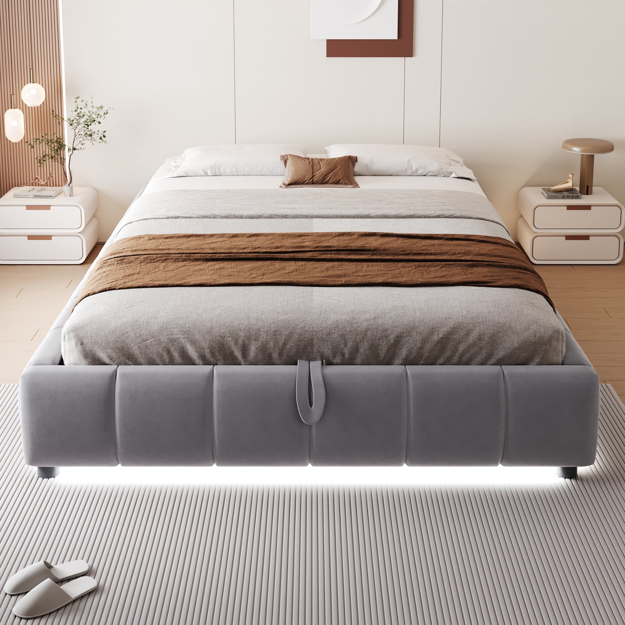 Upholstered Bed, 140x200cm LED Floating with Storage, Grey