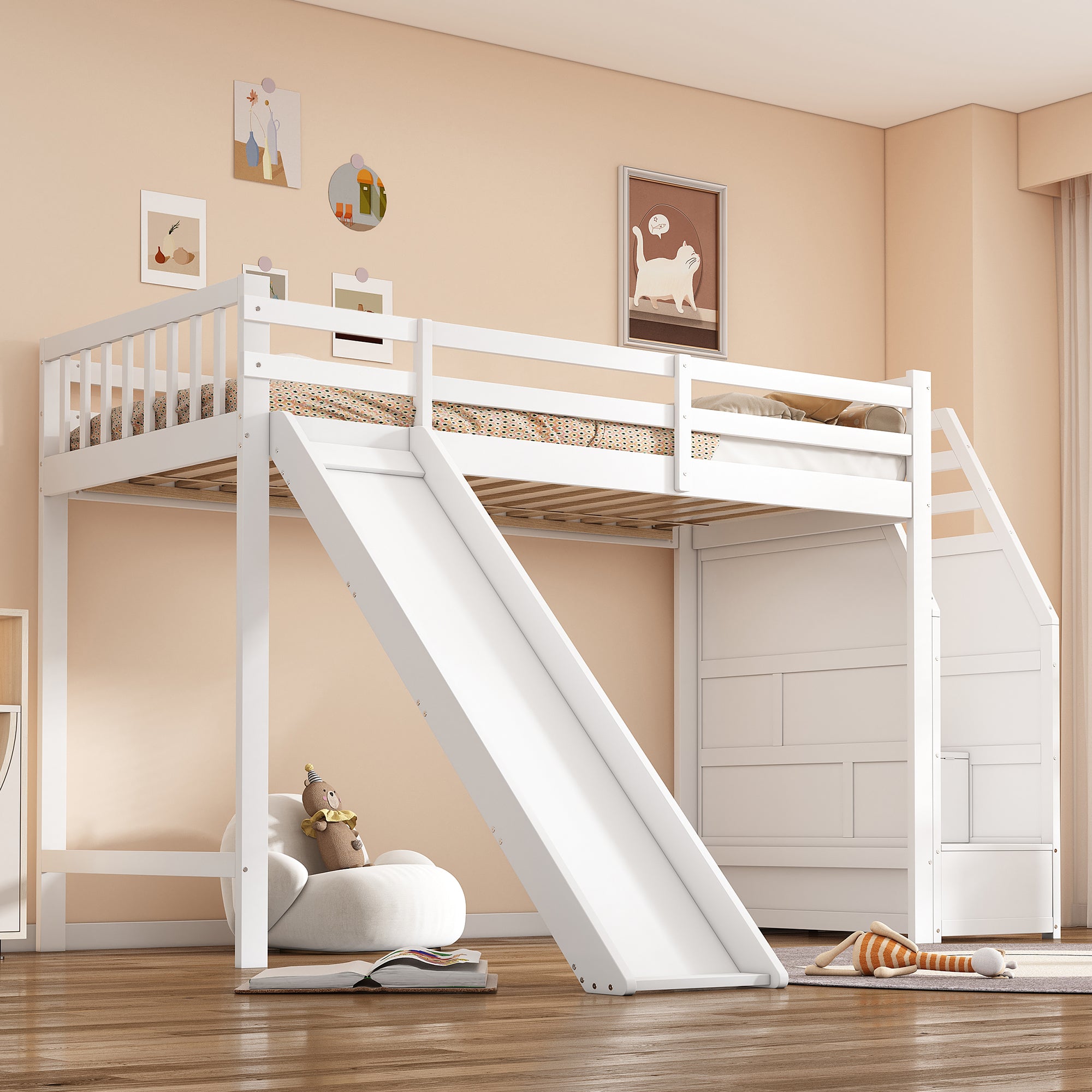 Children's Bunk Bed 90x200cm Slide Storage Ladder Removable Railing, White