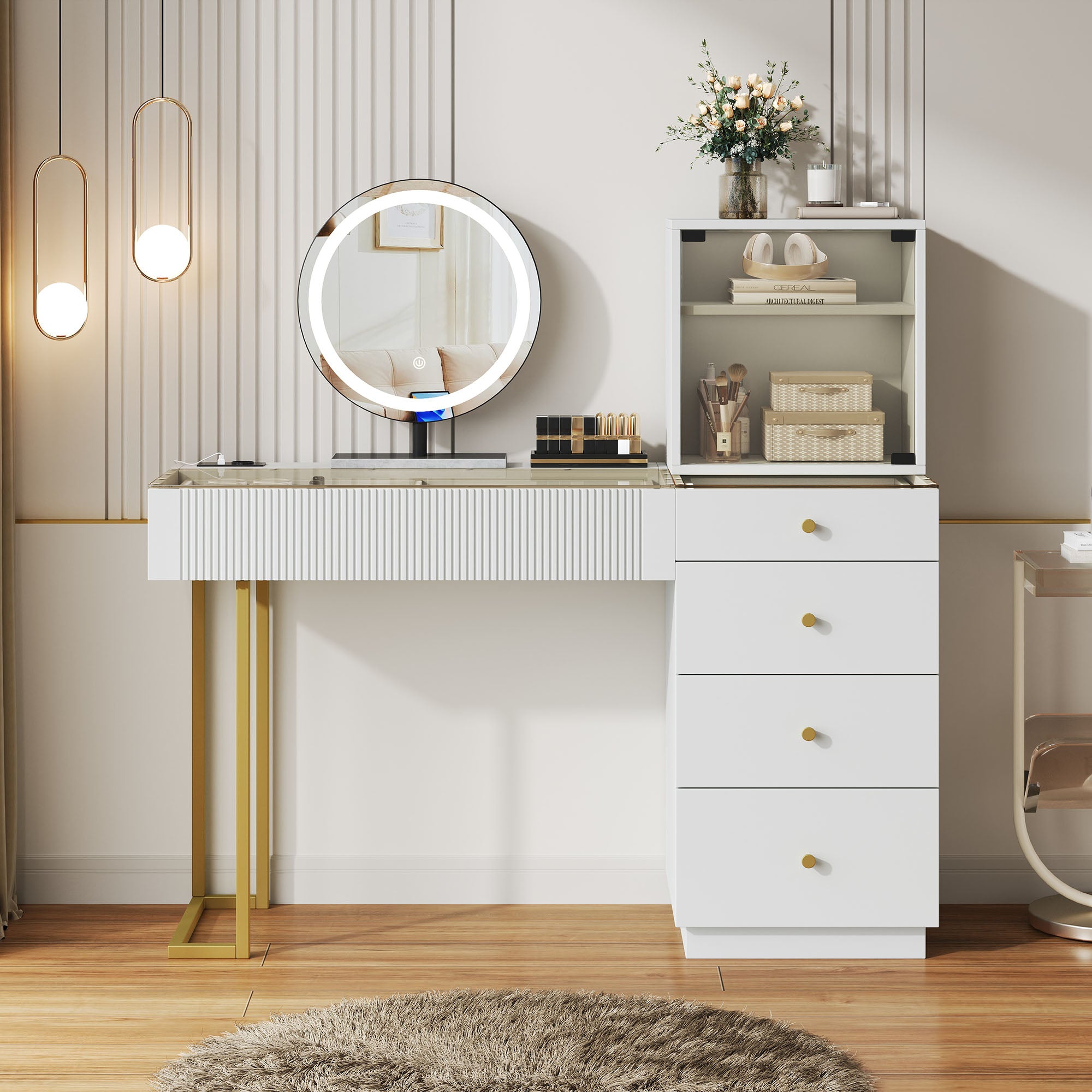 Dressing Table Set with LED Mirror and Glass Top, White