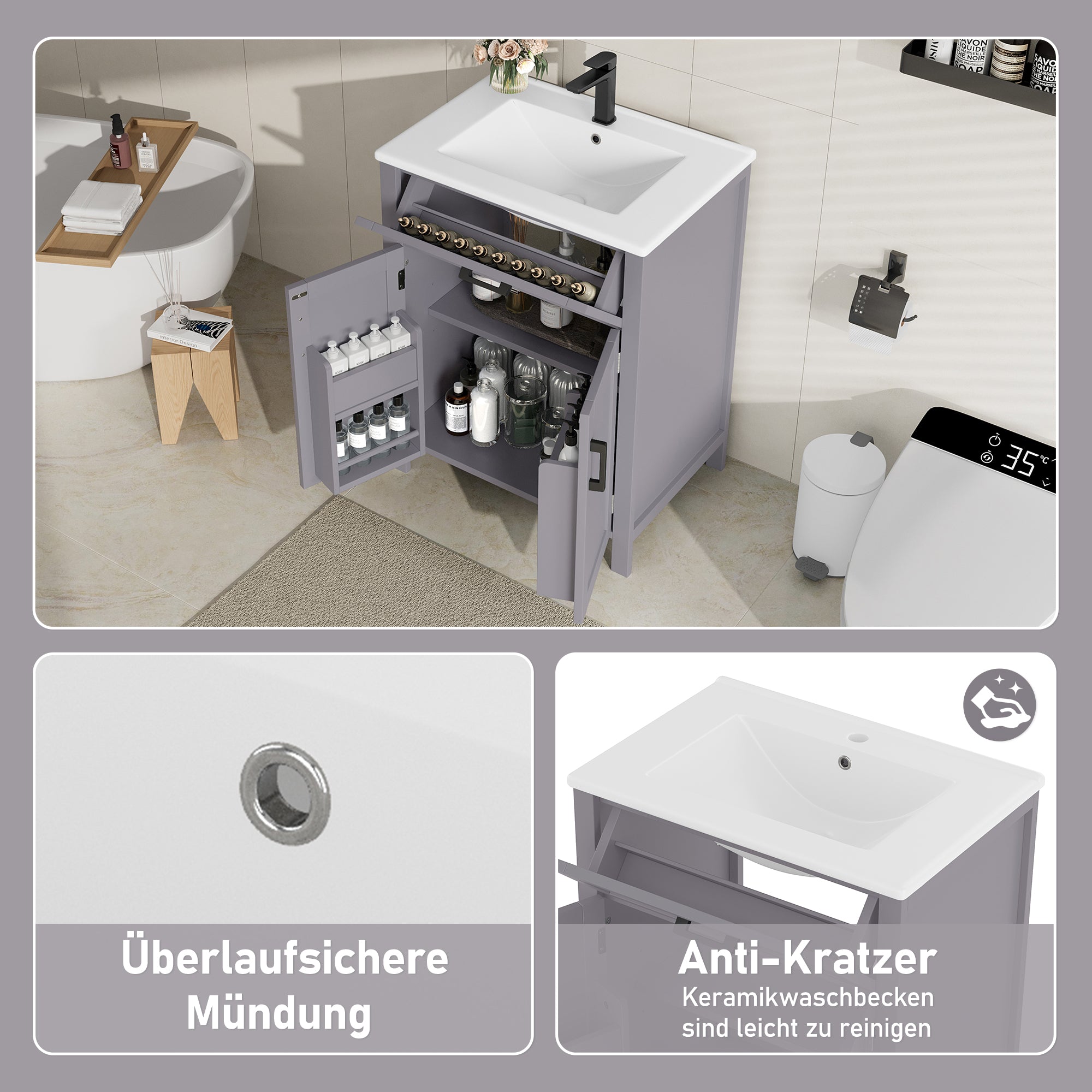 Bathroom Vanity Unit with Integrated Ceramic Sink and Storage Shelves, Grey