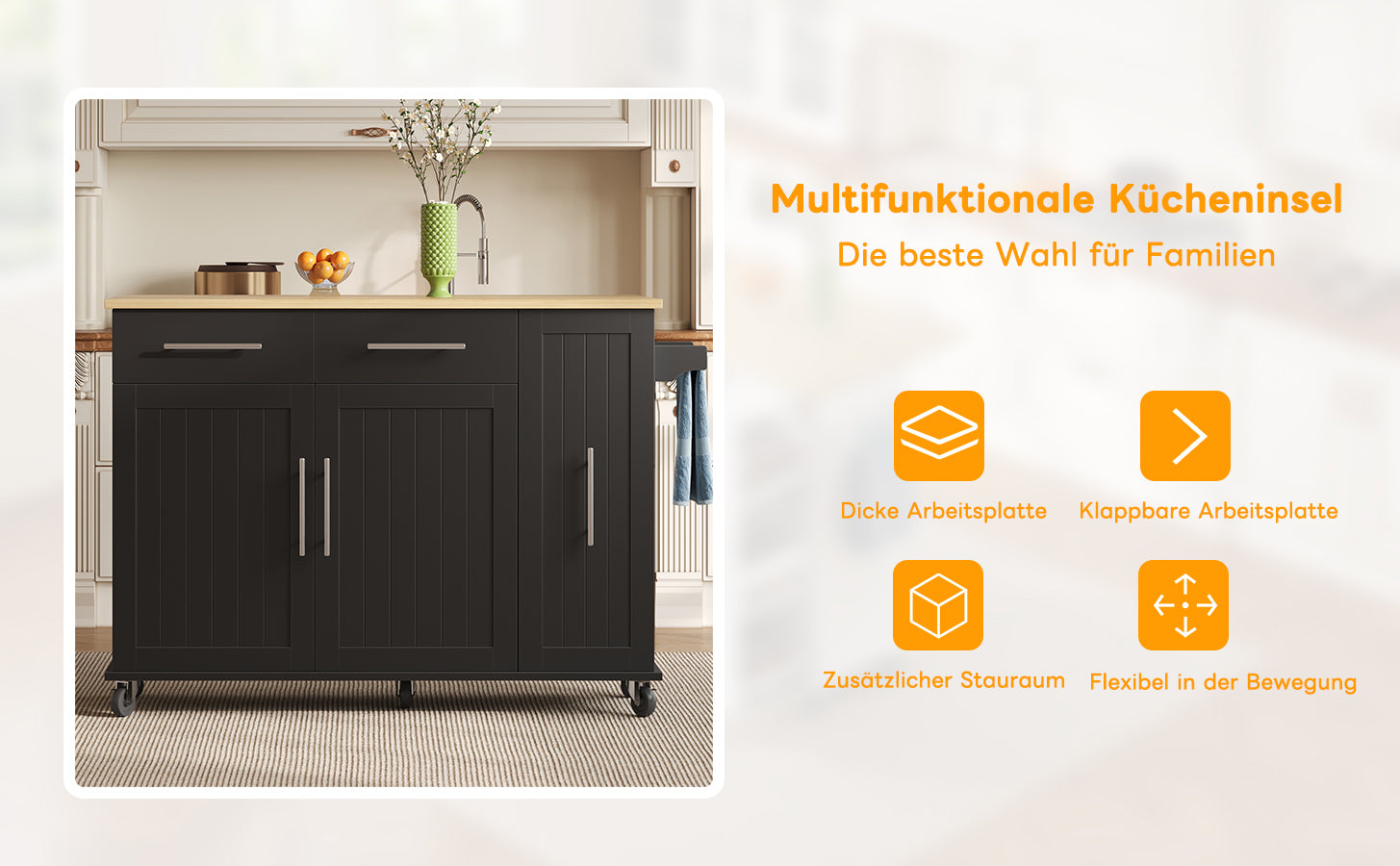 Kitchen Island Drop Leaf Rolling Cart 3-Tier Pull-Out 2 Drawers - Black