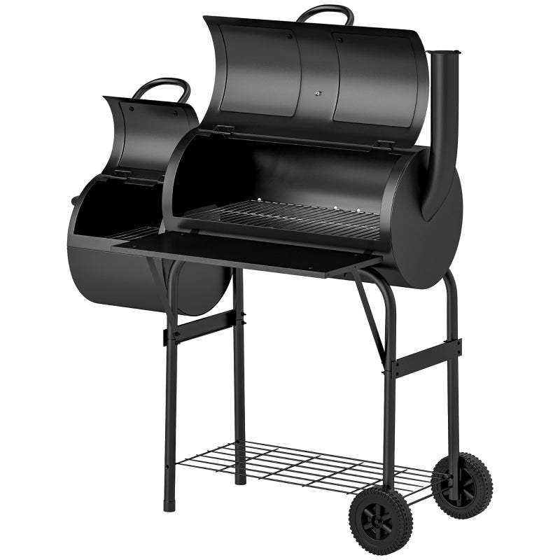 Charcoal Grill BBQ Smoker with Lid, Thermometer & Wheels, Steel