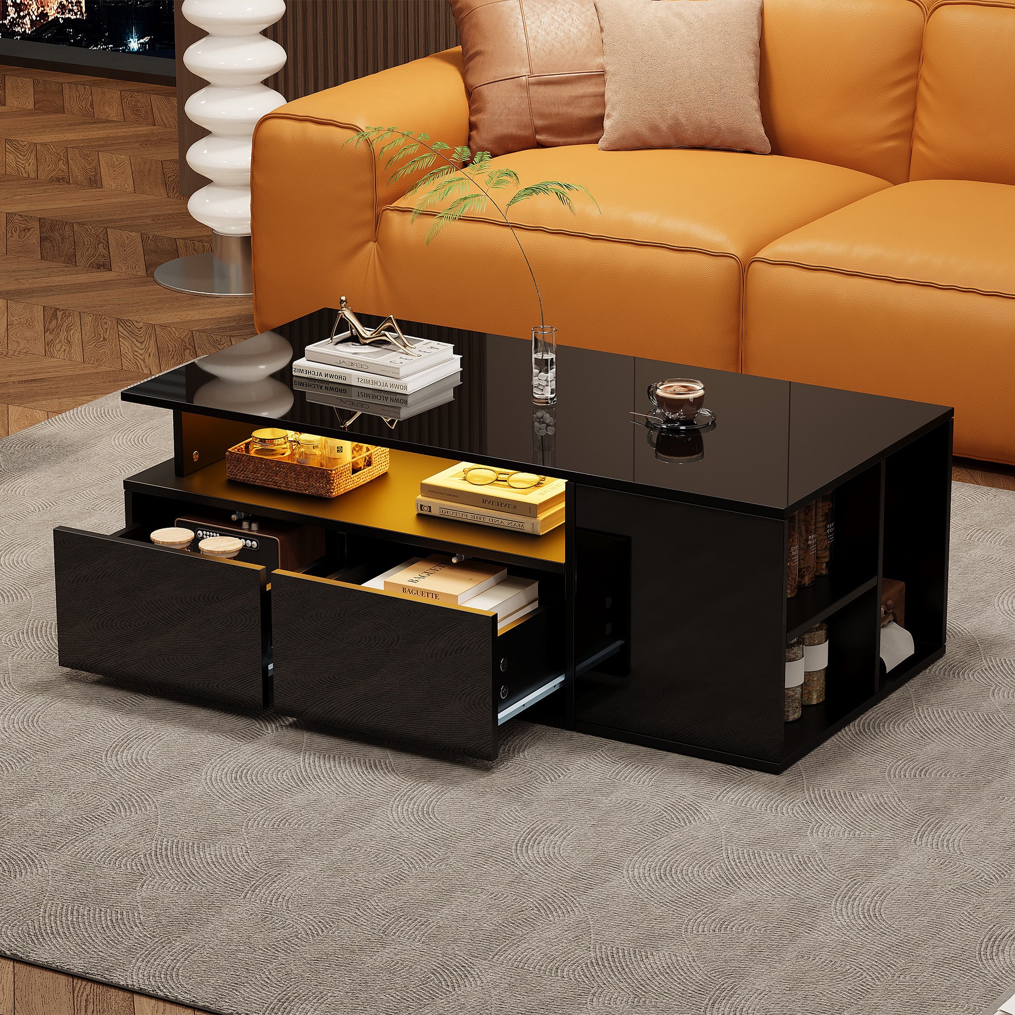 Coffee Table 100x50x35cm LED Lighting 2 Drawers 60kg Black