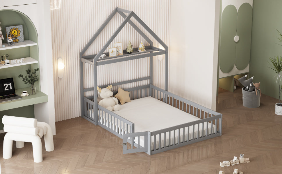 Children's Bed, 140x200 Solid Wood with Storage, Full Safety Gate & Slatted Frame, Grey