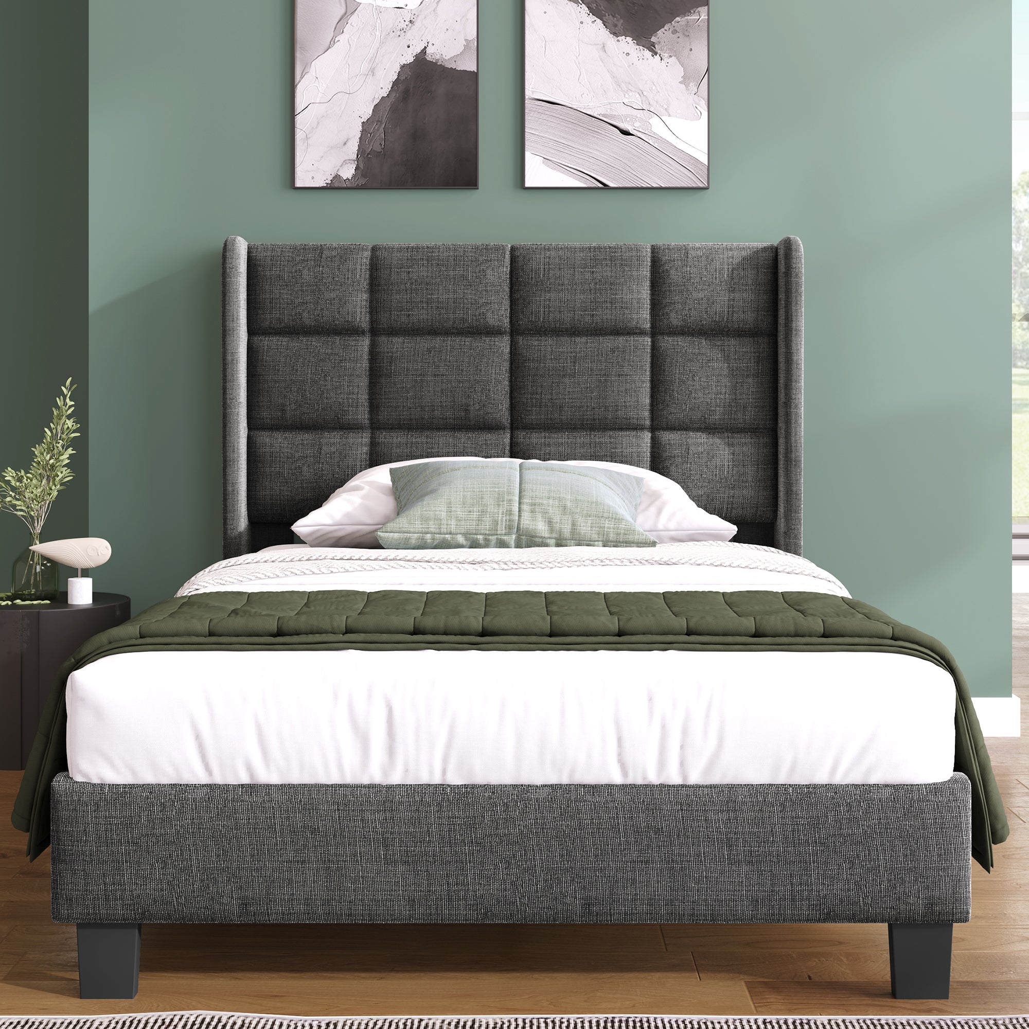 Modern Design Upholstered Bed, Single with Slatted Frame, 90x200cm, Grey Linen