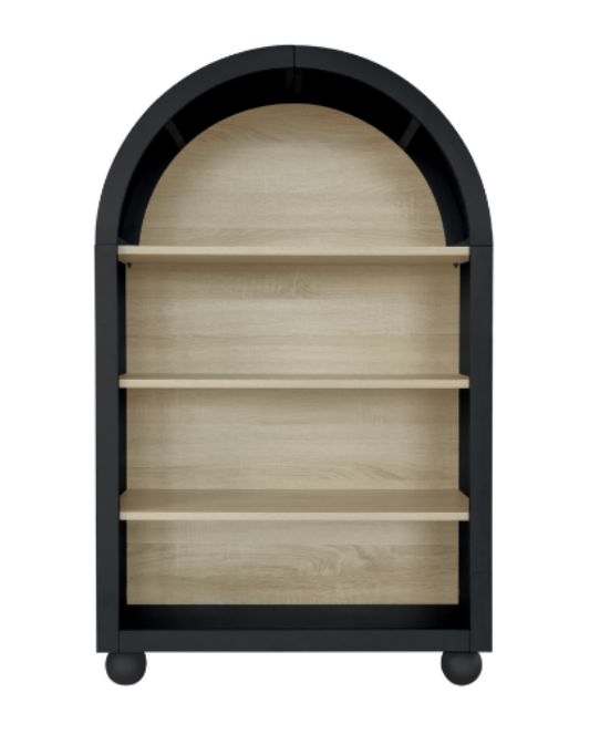 Black arched bookcase, 120cm high, four tiers, modern design