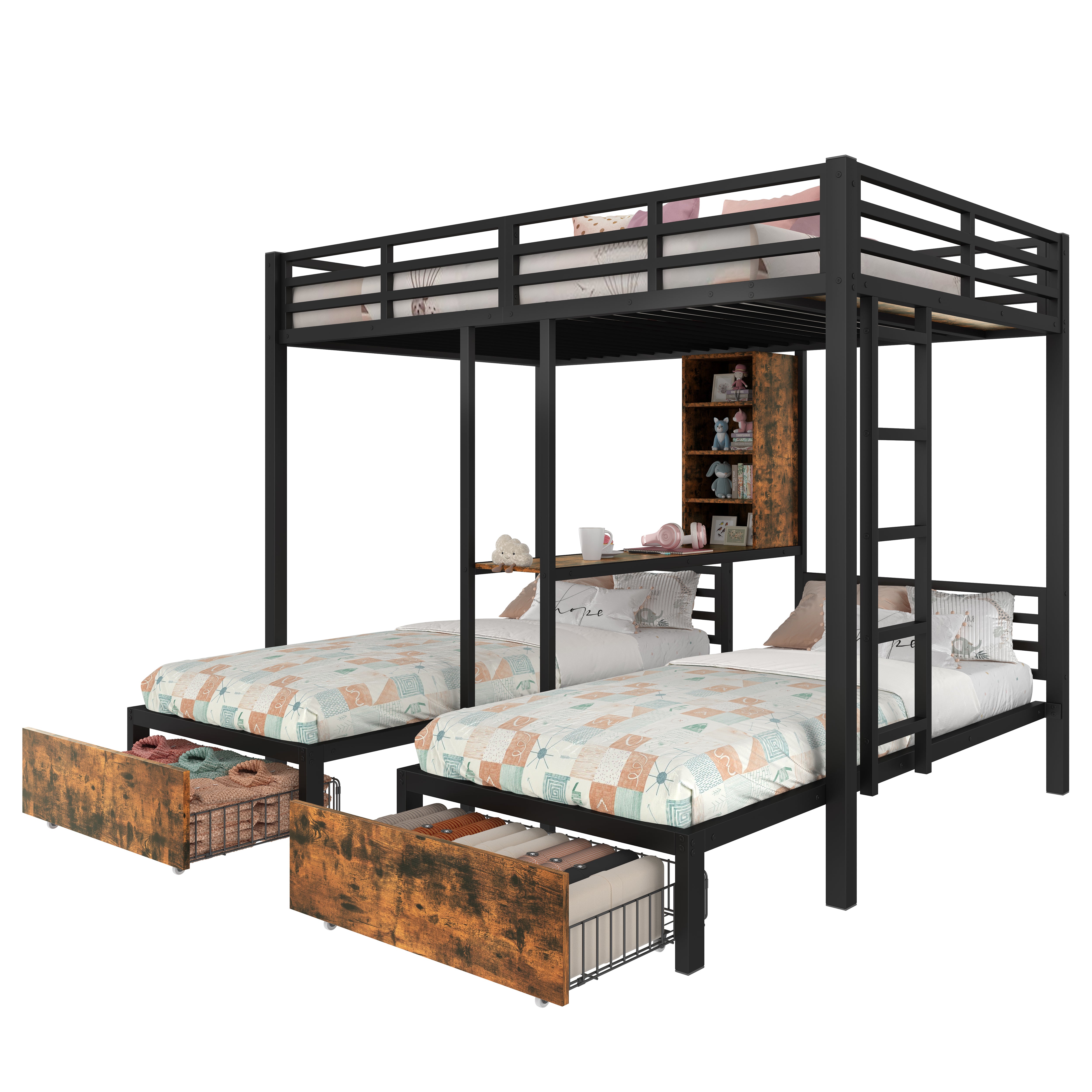 Bunk Bed 3 Beds 140x200 + 90x200 Storage Drawers Black