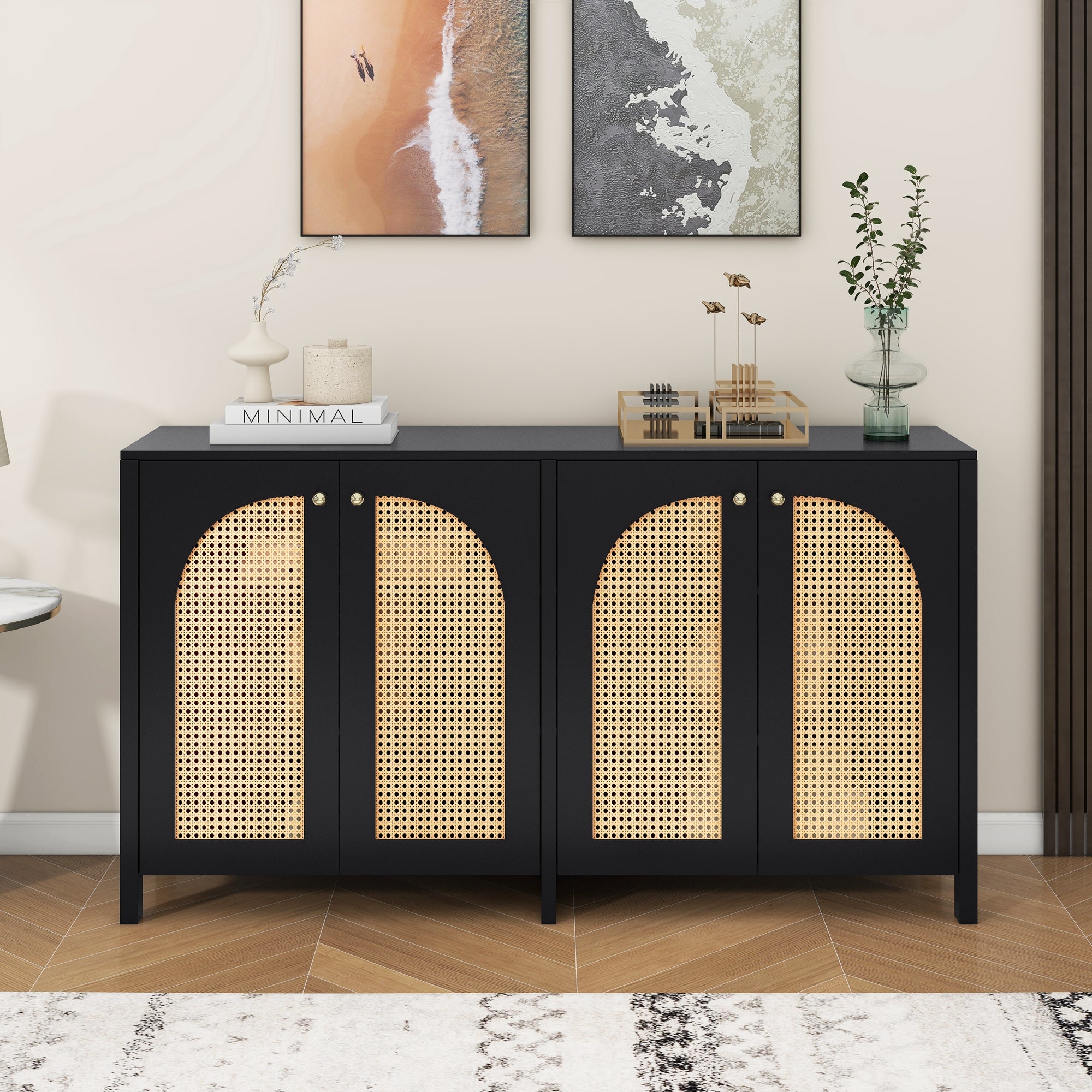 Sideboard, Minimalist with 4 Rattan Doors & Metal Handles, Black