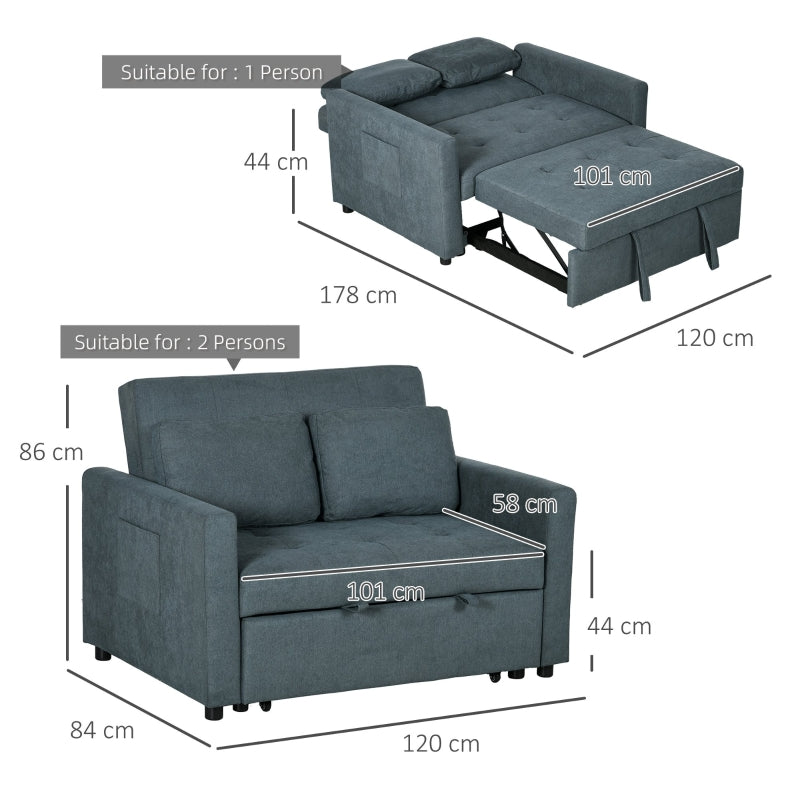 Loveseat Sofa Bed, Convertible Settee with 2 Cushions and Side Pockets, Charcoal Grey