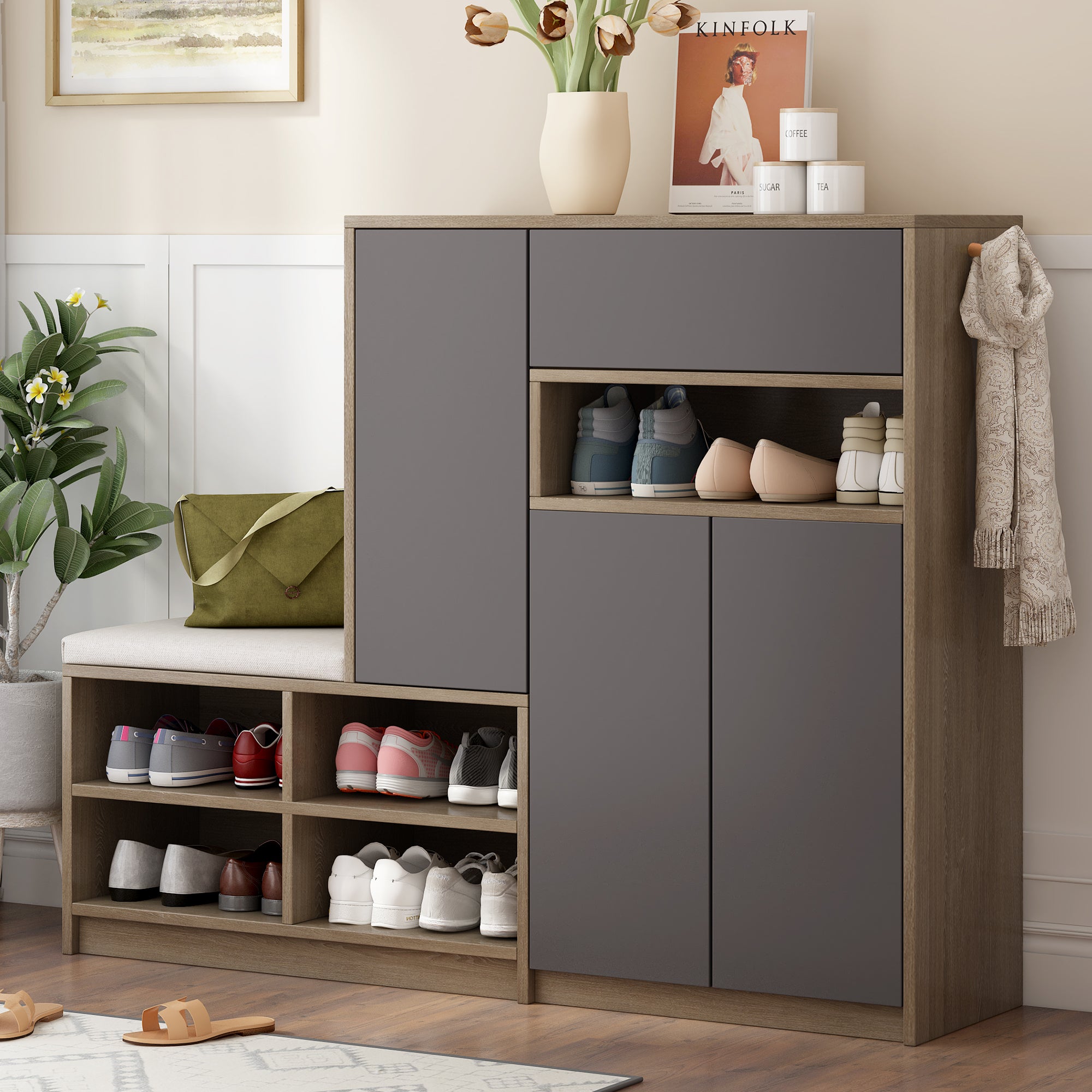 Shoe storage bench and cabinet with padded seat, adjustable shelves, gray