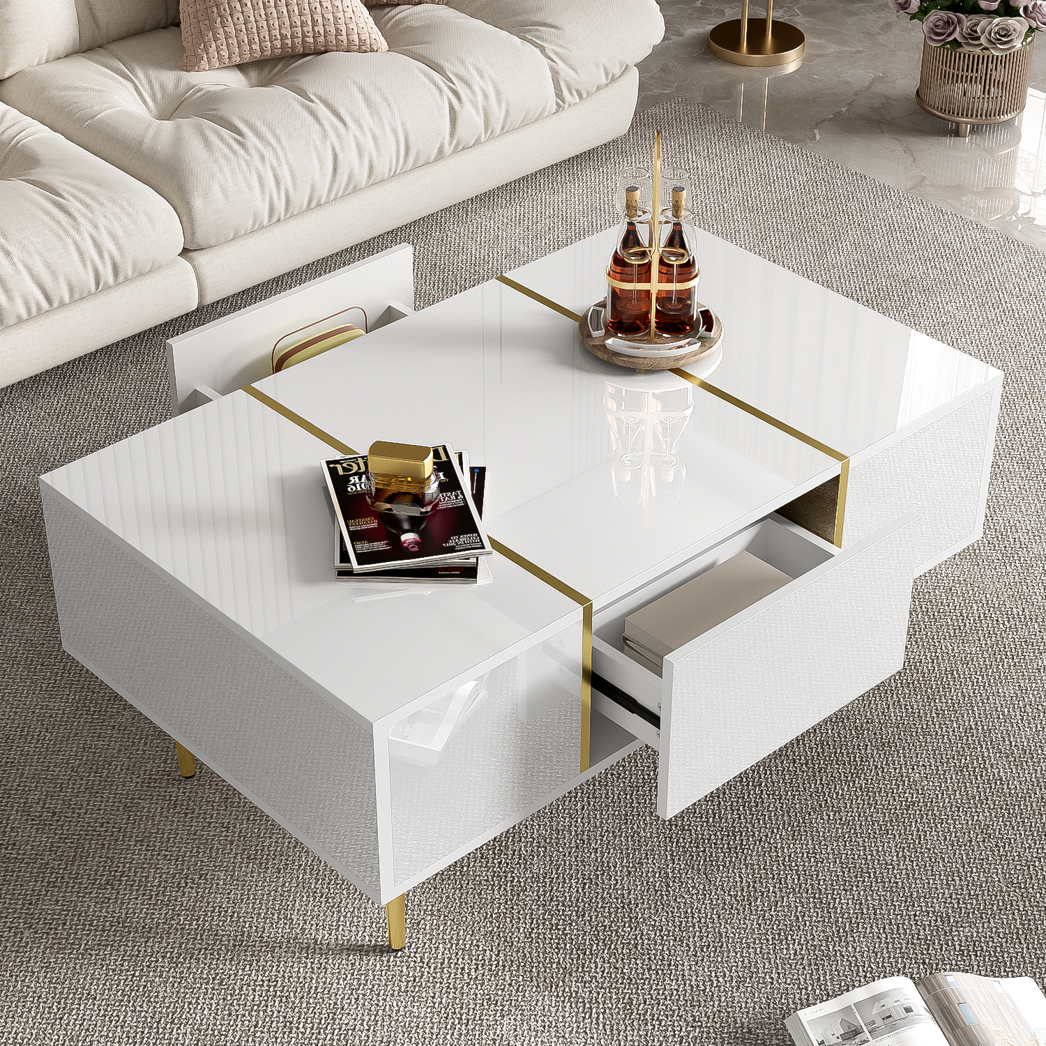 White high-gloss coffee table, modern and simple, with 2 drawers, made of Particle Board.