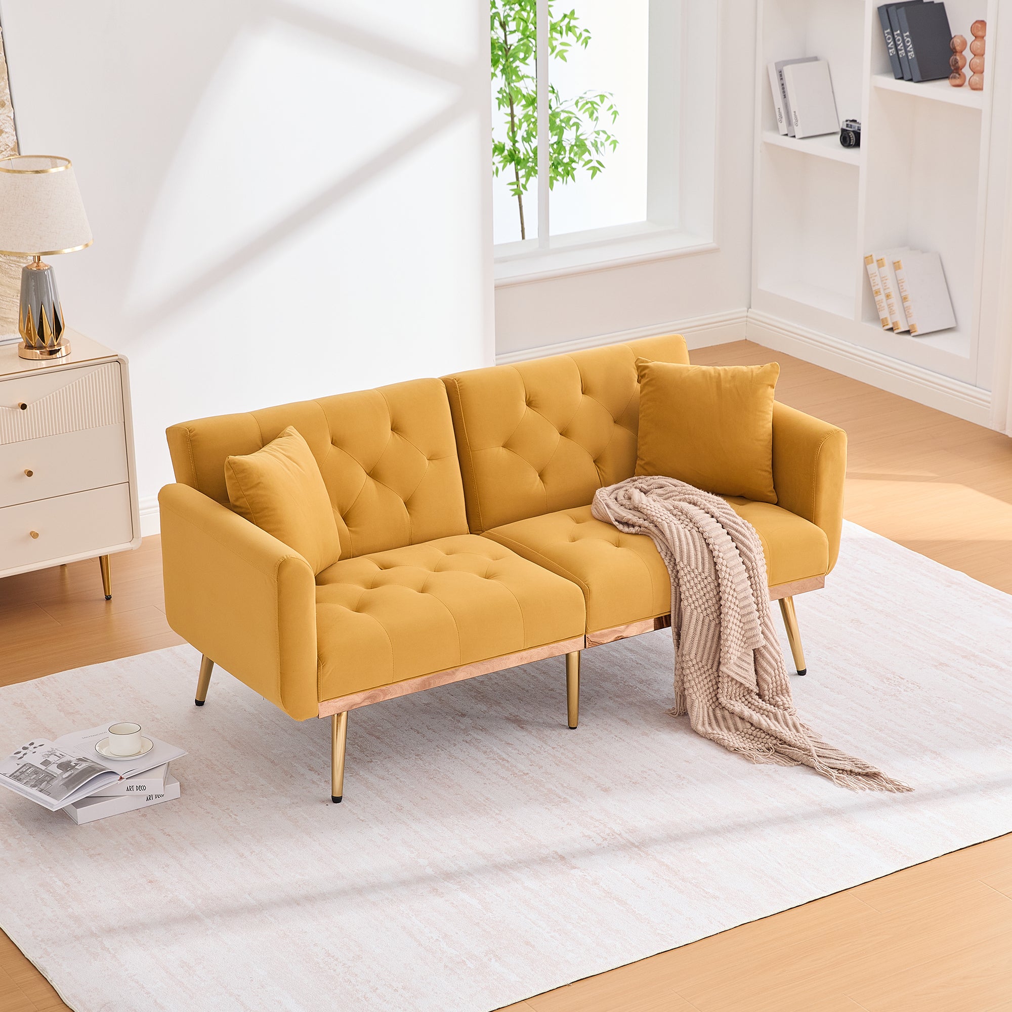 Double Sofa, Modern Velvet with Adjustable Backrest, Mustard Yellow