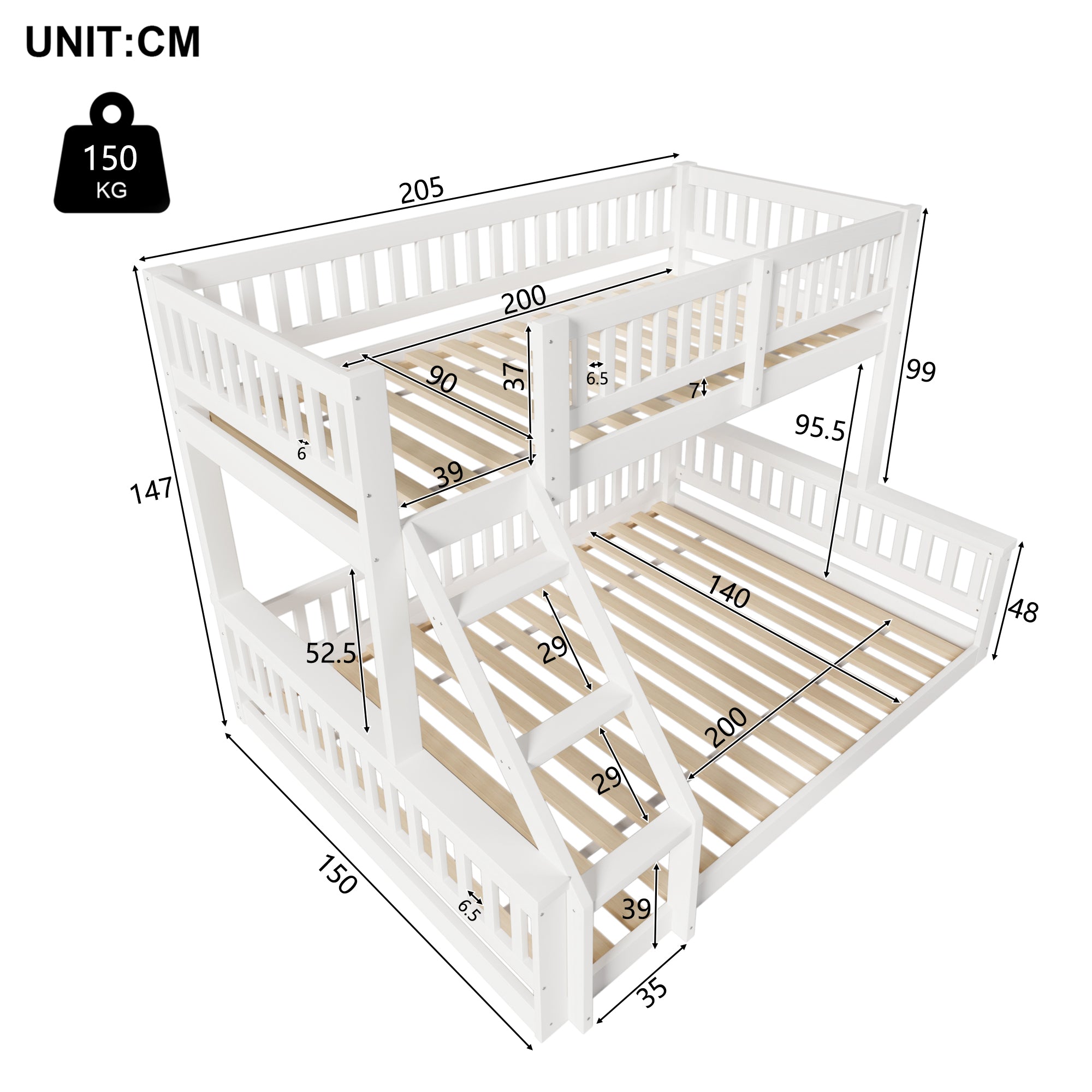 Bunk Bed 90x200cm/140x200cm with Ladder & Rail, White