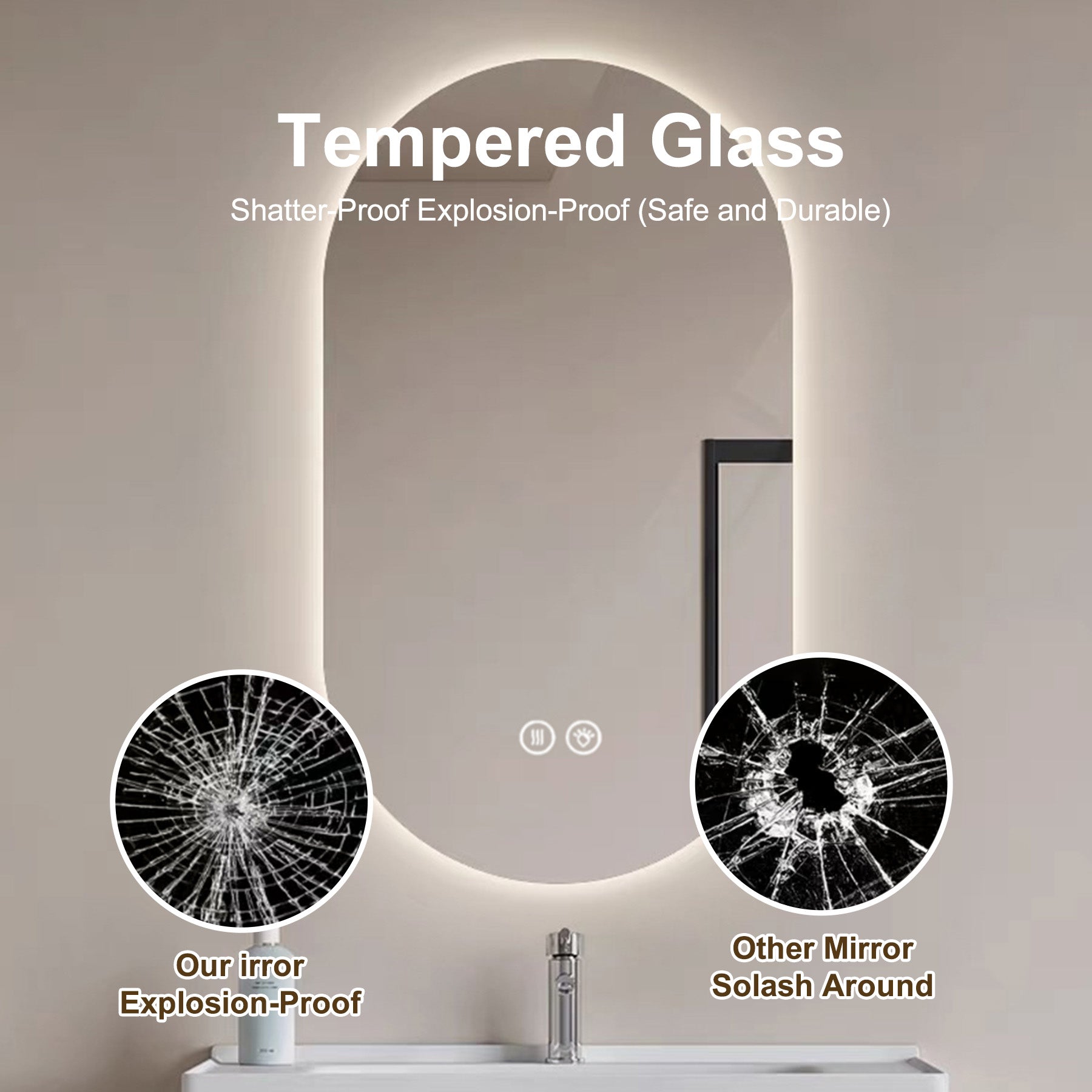 Smart Wall Mounted LED Mirror 60x90cm Anti-Fog Touch Screen Silver Glass