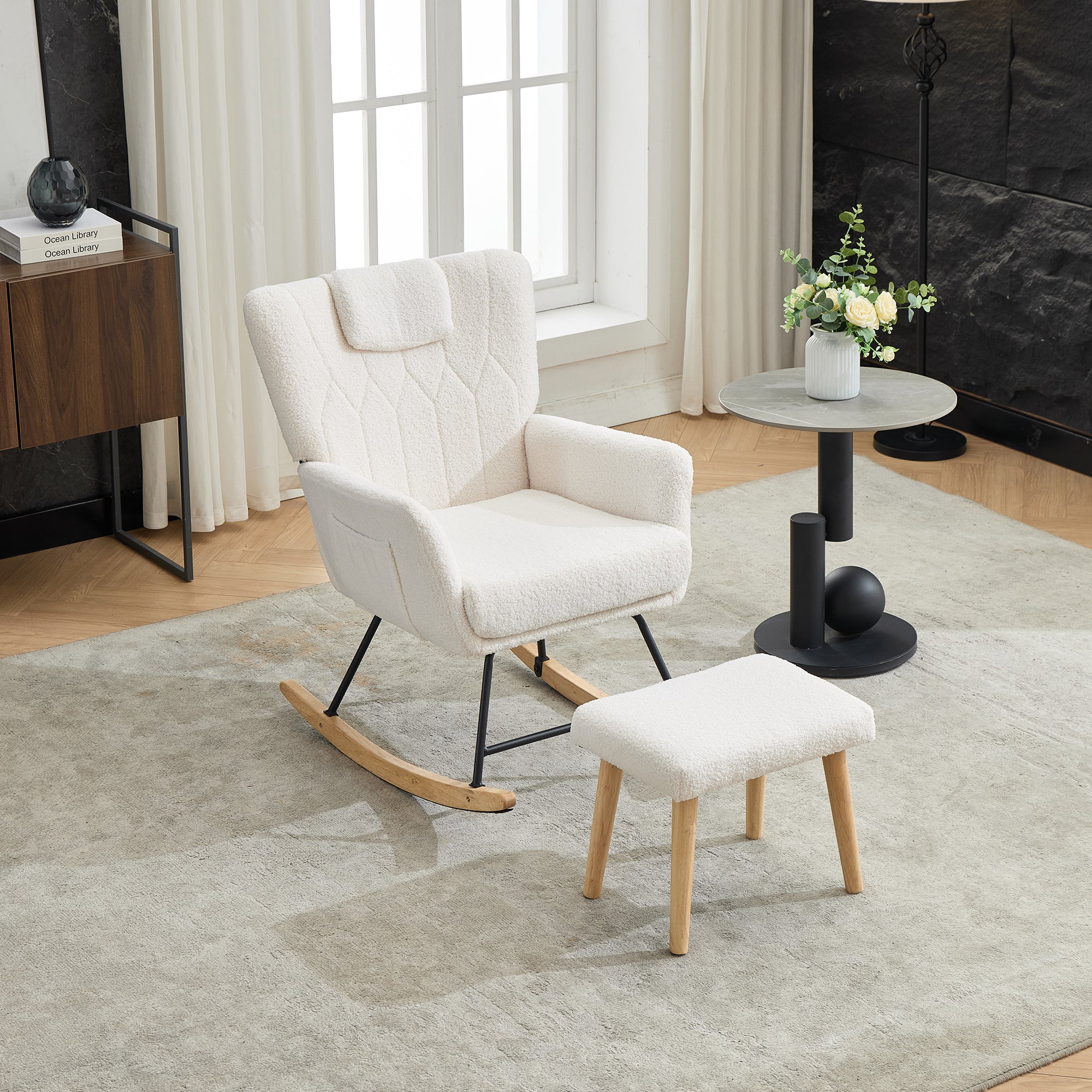 Ergonomic Rocking Chair with Footstool, High Backrest, 30-degree Rock, White Rubberwood