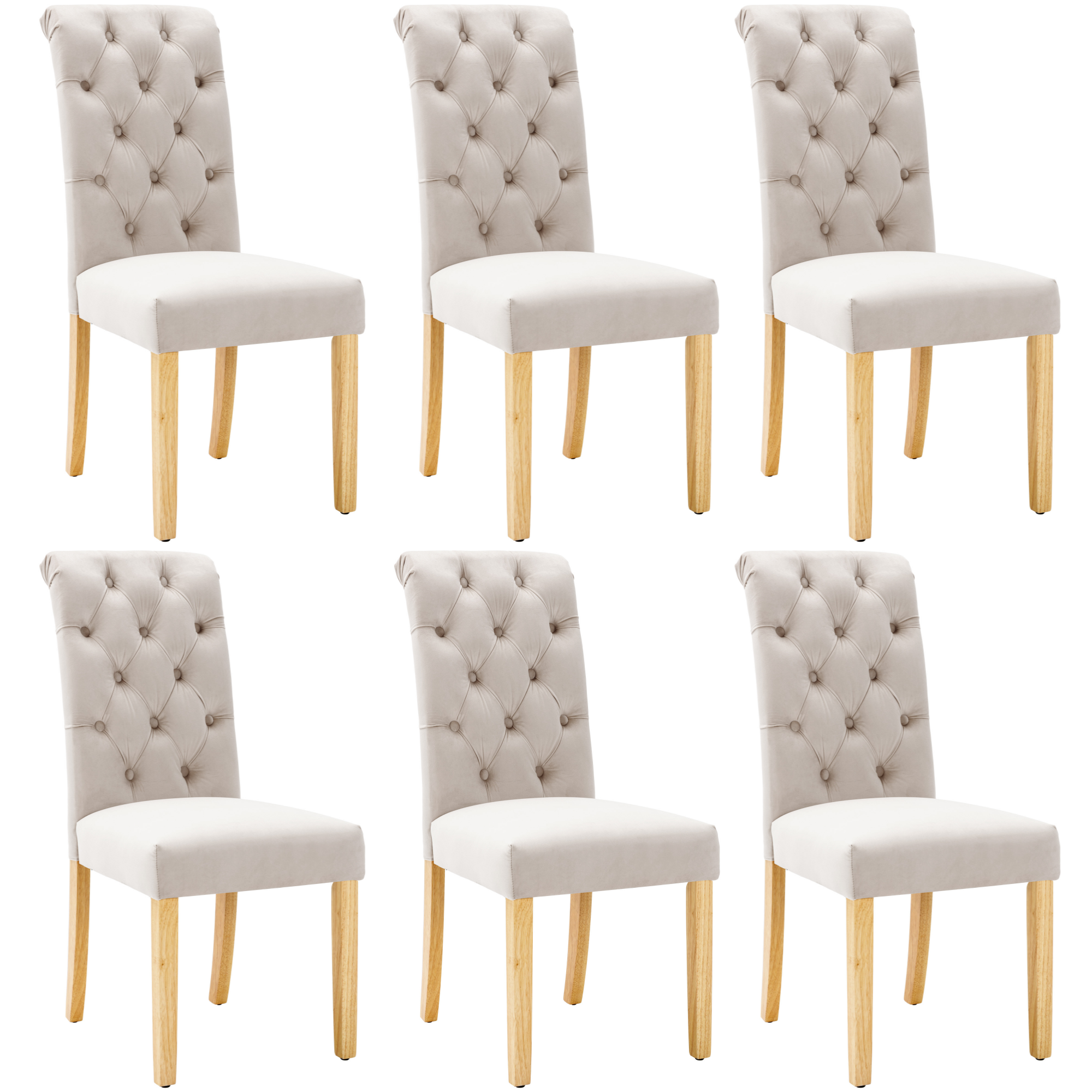 Velvet Dining Chairs Set of 6 with Oak Legs and Chrome Knockers, Beige