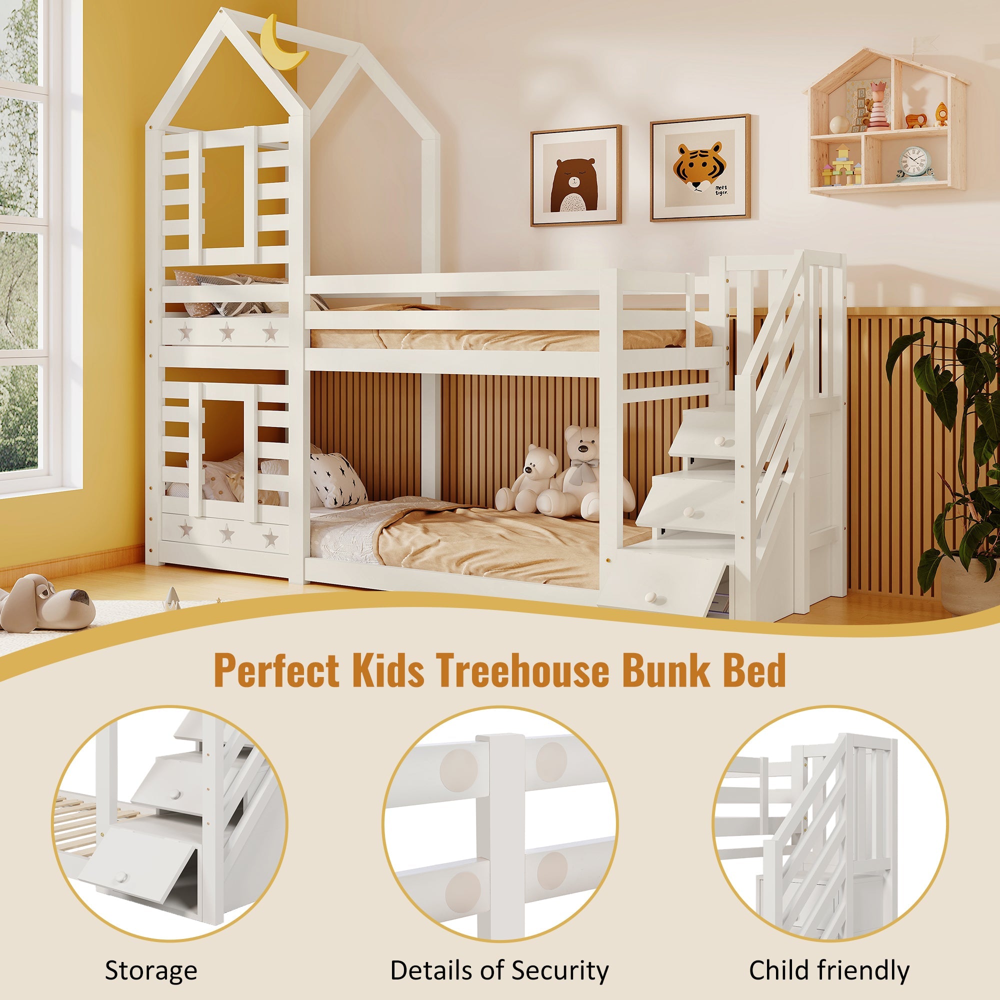 Bunk Bed, Children Cabin Single Bed with Window, 190x90cm Solid Pine Wood, White